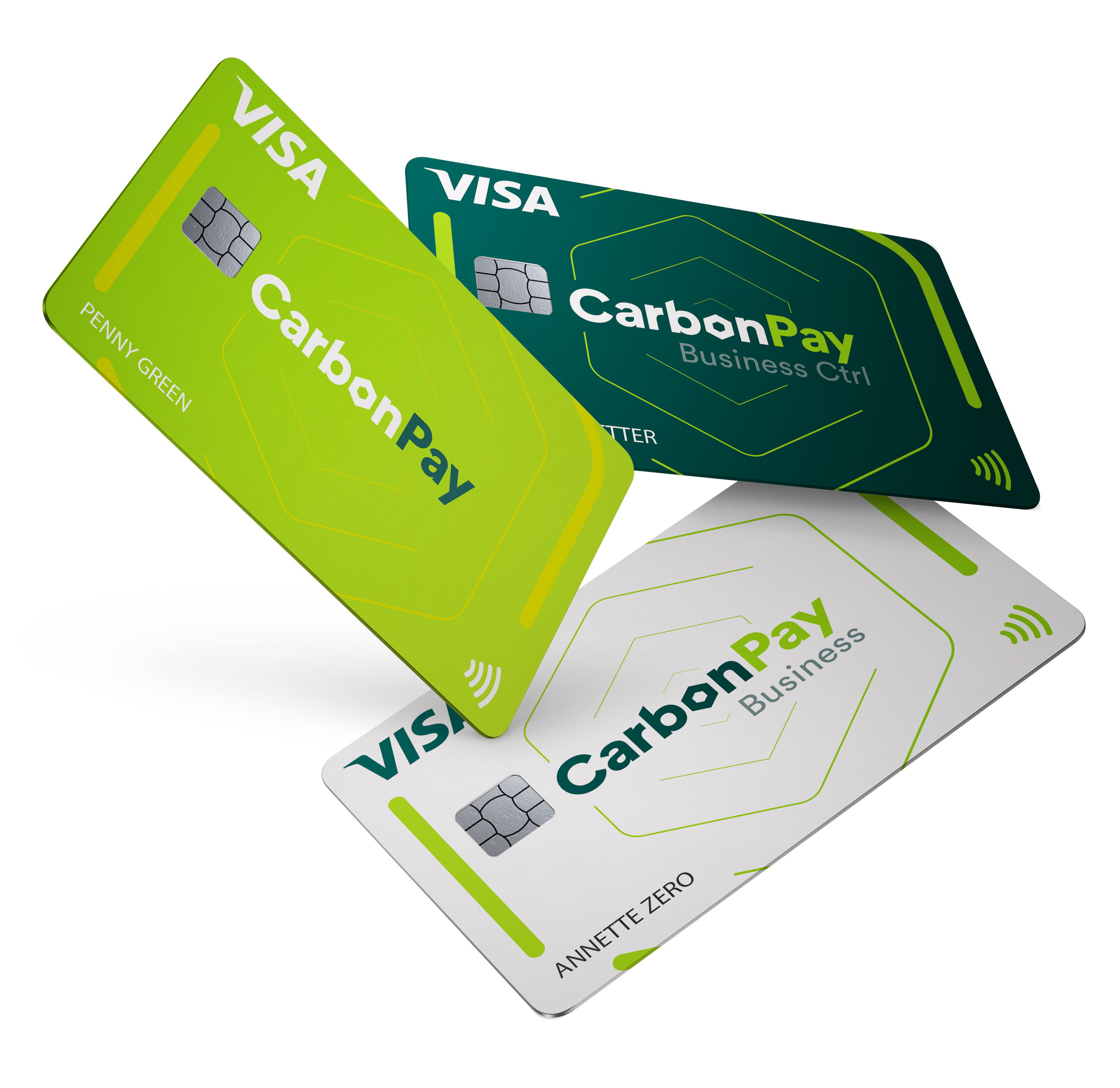 Two contactless payment credit cards, one green and one dark green, with chip and contactless symbols, partially overlapping.