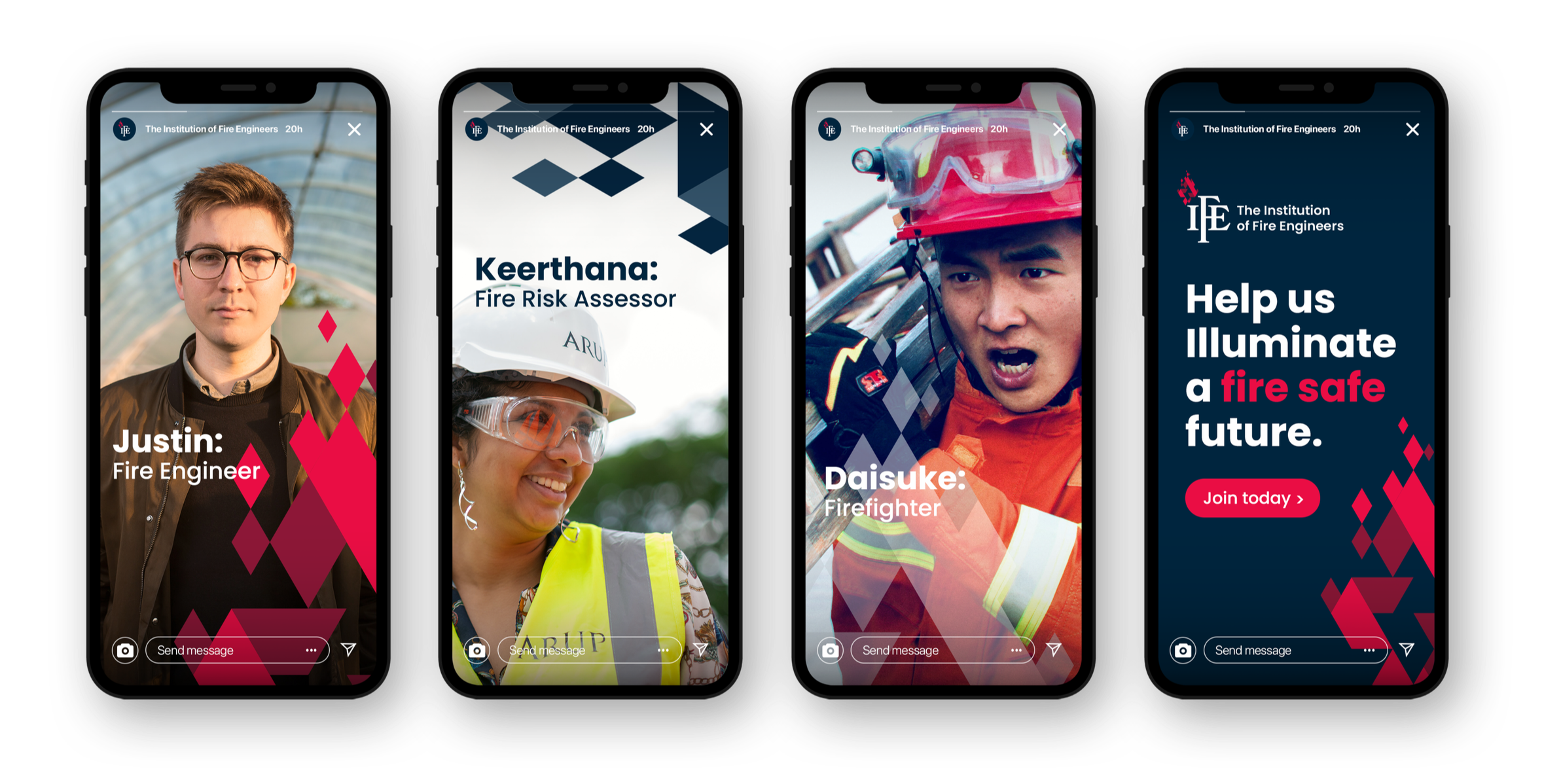Four smartphones displaying promotional images for The Institution of Fire Engineers, featuring individuals in fire safety and firefighting gear, with accompanying text about fire risk assessment, firefighting careers, and inviting viewers to join.