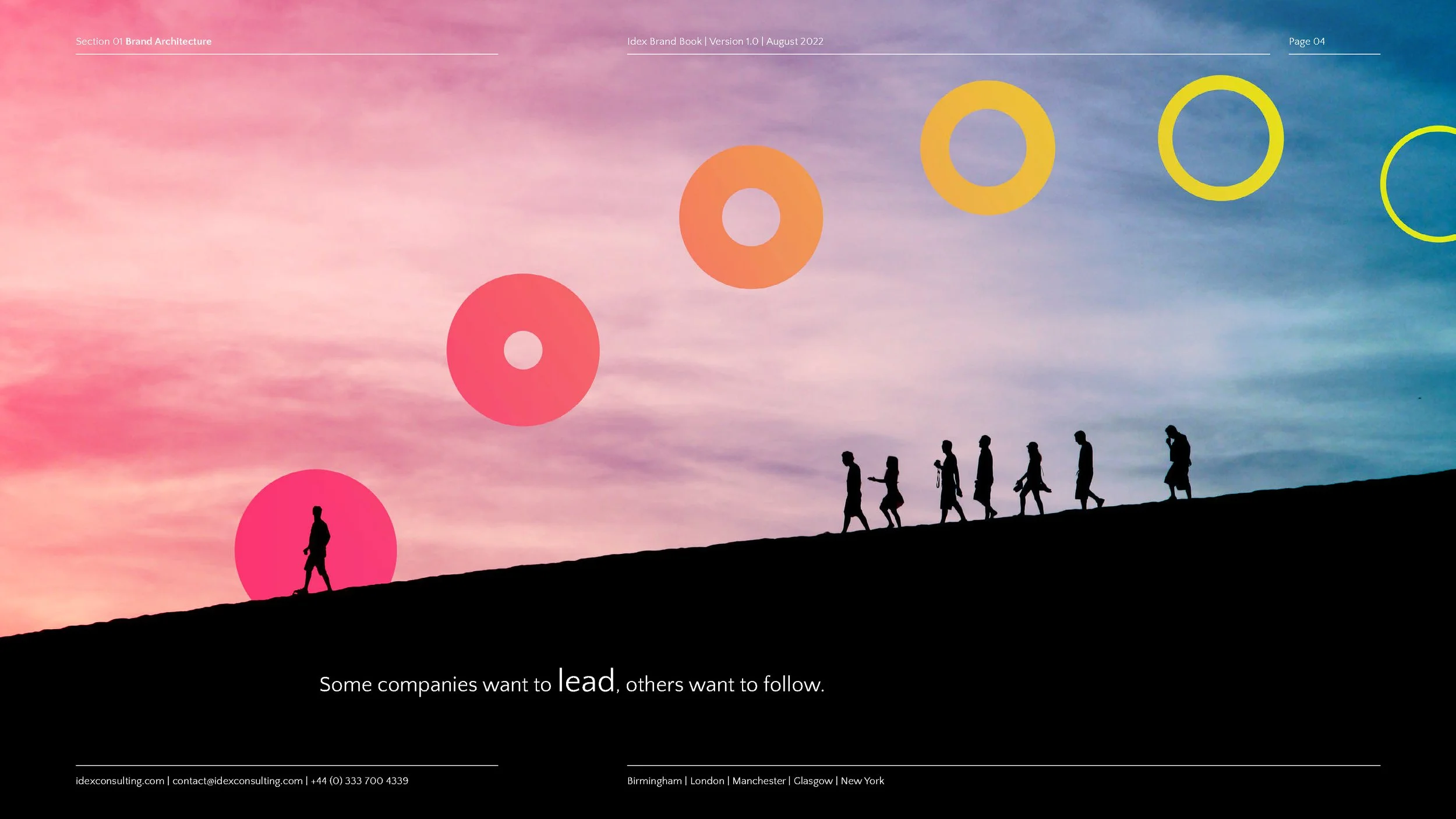 Silhouette of a line of people walking up a hill against a colorful sky with pink, purple, and blue clouds, and overlaid with translucent concentric circles.