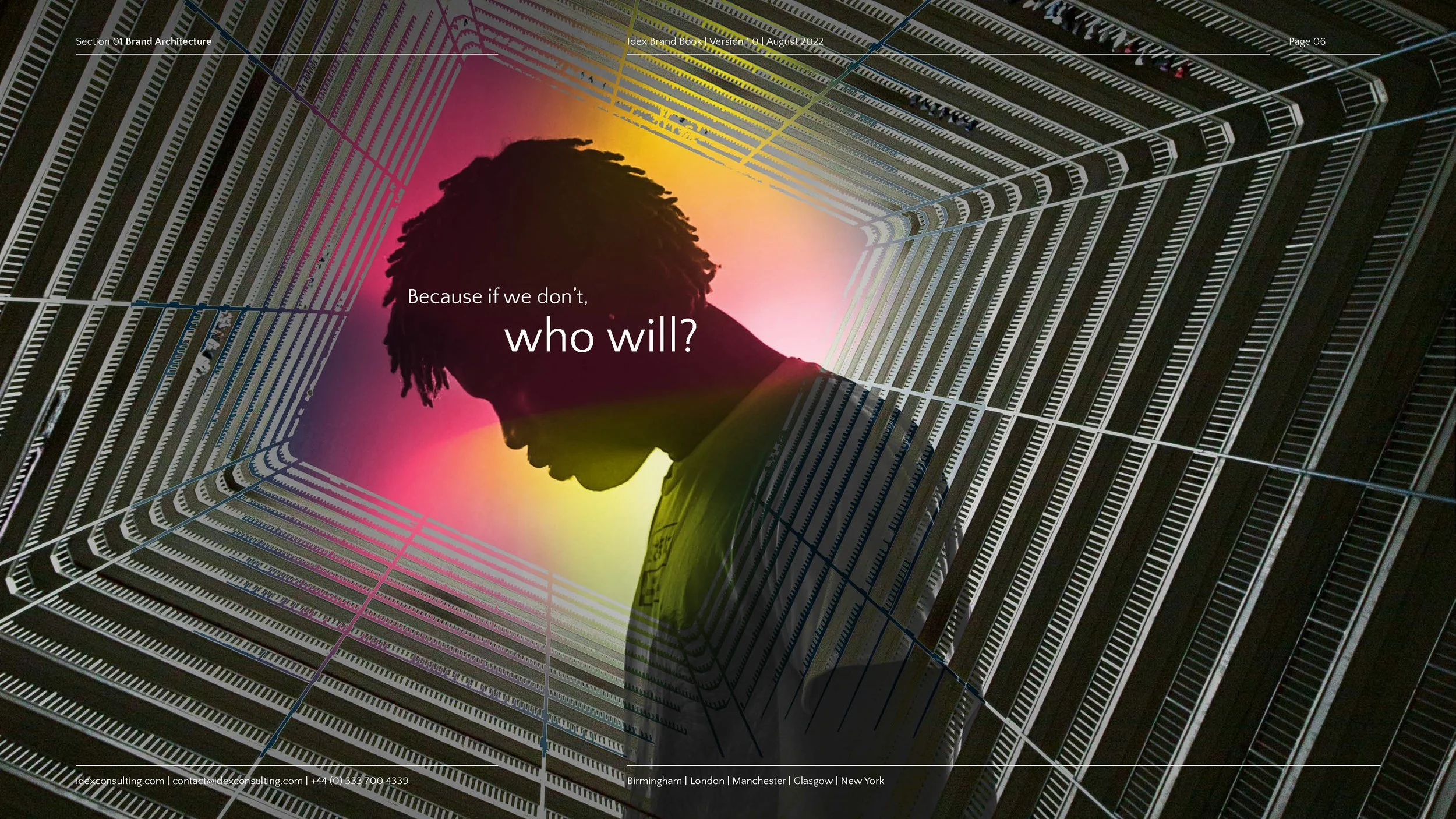 A person with dreadlocks is silhouetted against a colorful background on a page from a brand book, with a 3D wireframe overlay of a building or architectural design. The text reads 'Because if we don't, who will?' and includes contact information and