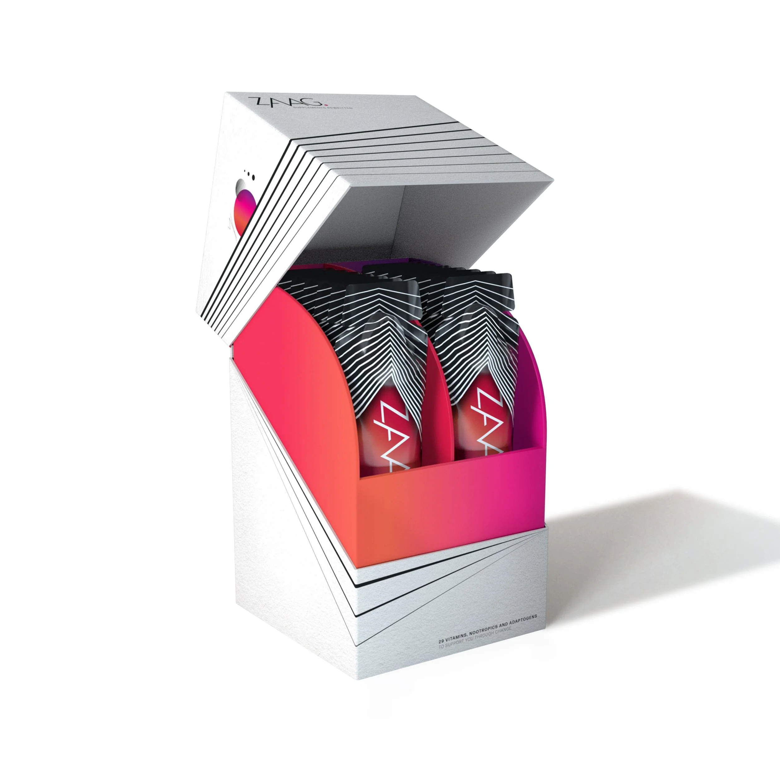 A box designed to look like a vintage television set, with a white and gray exterior, black and white zigzag pattern on the screen area, and a section with pink and purple coloring, containing 29 vitamins, nootropics, and adaptogens.