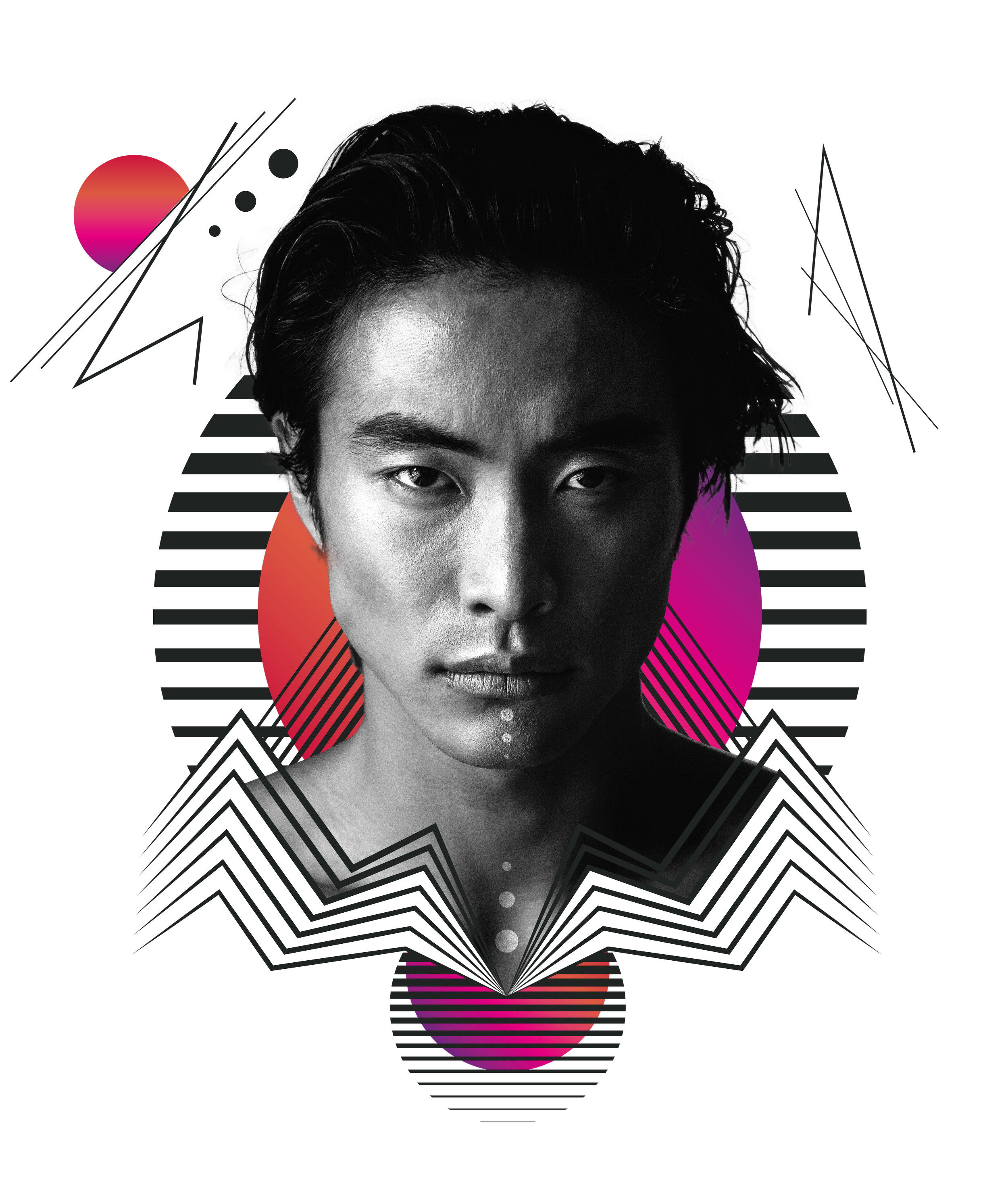 Black and white portrait of a young person with short, wavy hair, with geometric and colorful abstract shapes in the background, including a pink and orange circle and black angular lines.