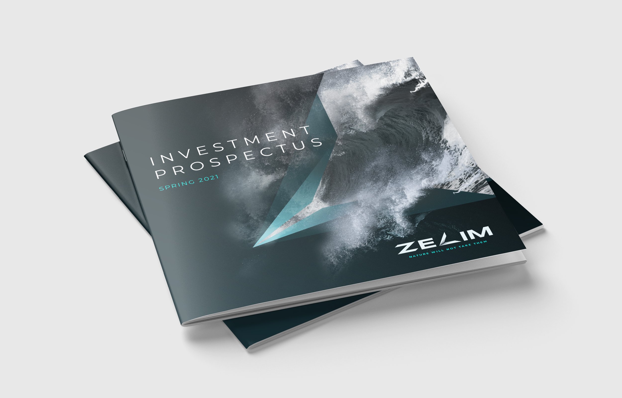 Investment prospectus brochures with ocean wave imagery and text 'Spring 2021' and 'ZELIM' on the covers.