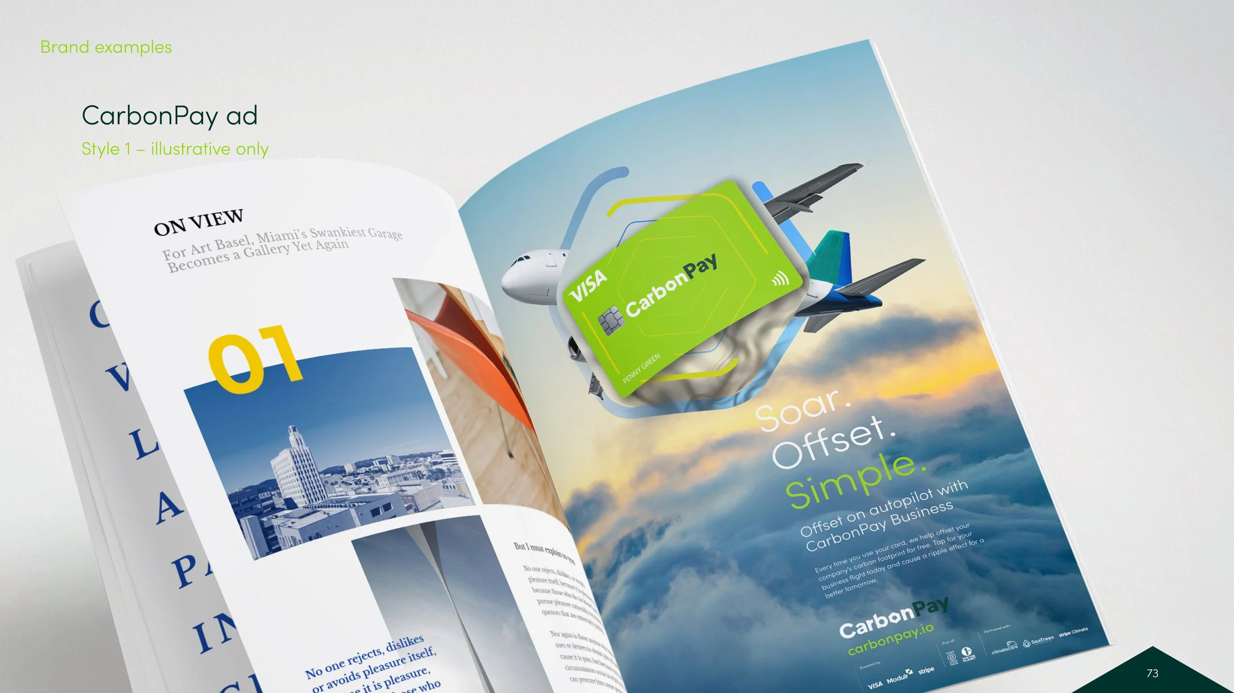 A magazine pages featuring an advertisement for CarbonPay, a digital payment solution with a green VISA card overlay, airplane images, and the tagline 'Soar. Offset. Simple.'