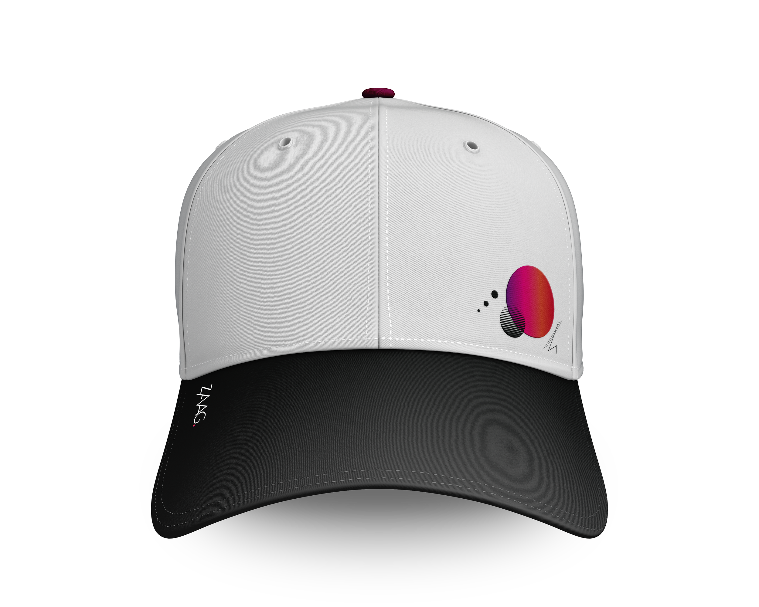 A white baseball cap with a colorful, abstract logo on the side, set against a black background.