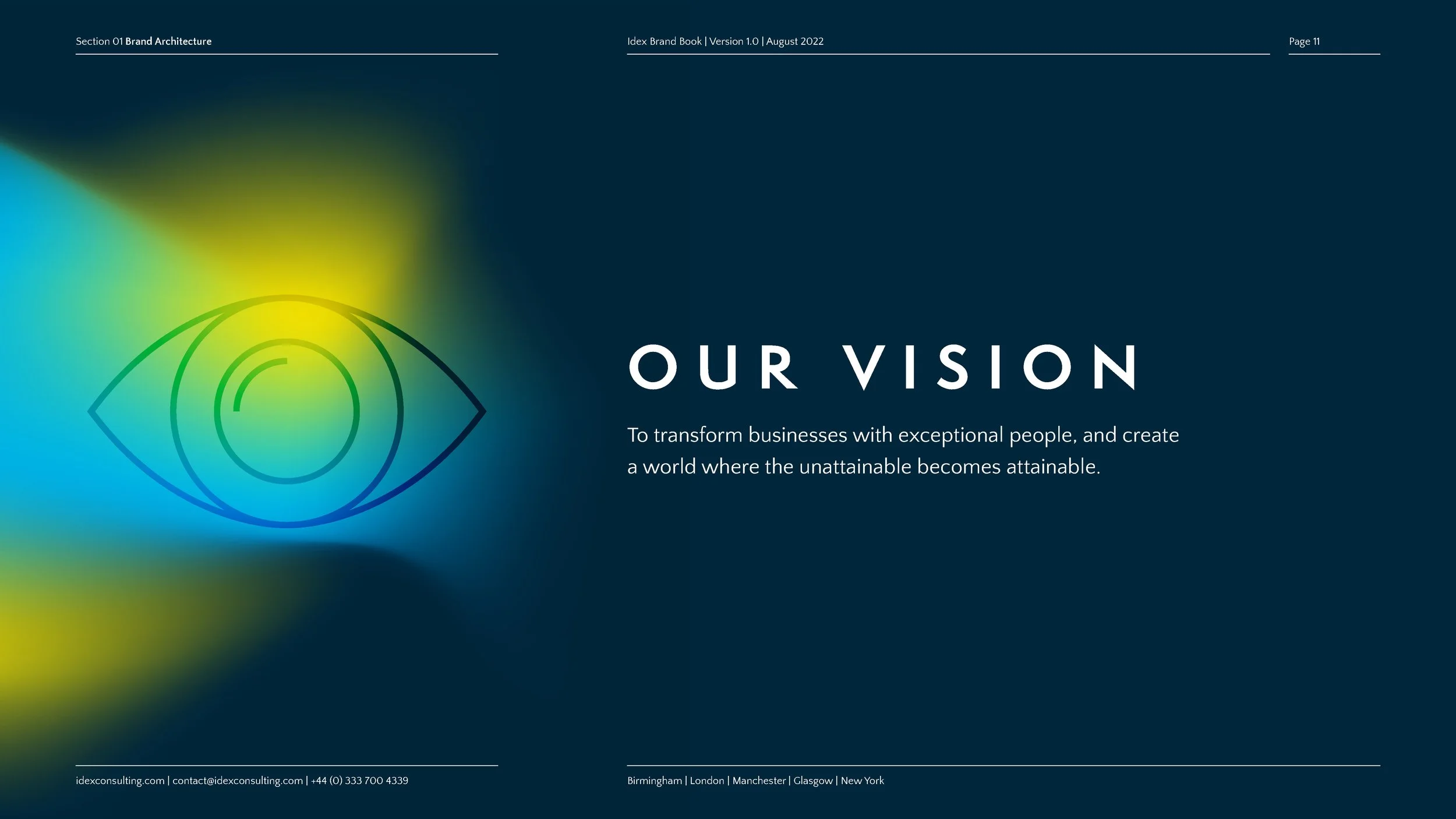 The image shows a book cover titled 'Our Vision' with a subtitle about transforming businesses and creating a sustainable world. The design features a stylized eye graphic on a dark background with gradient colors.
