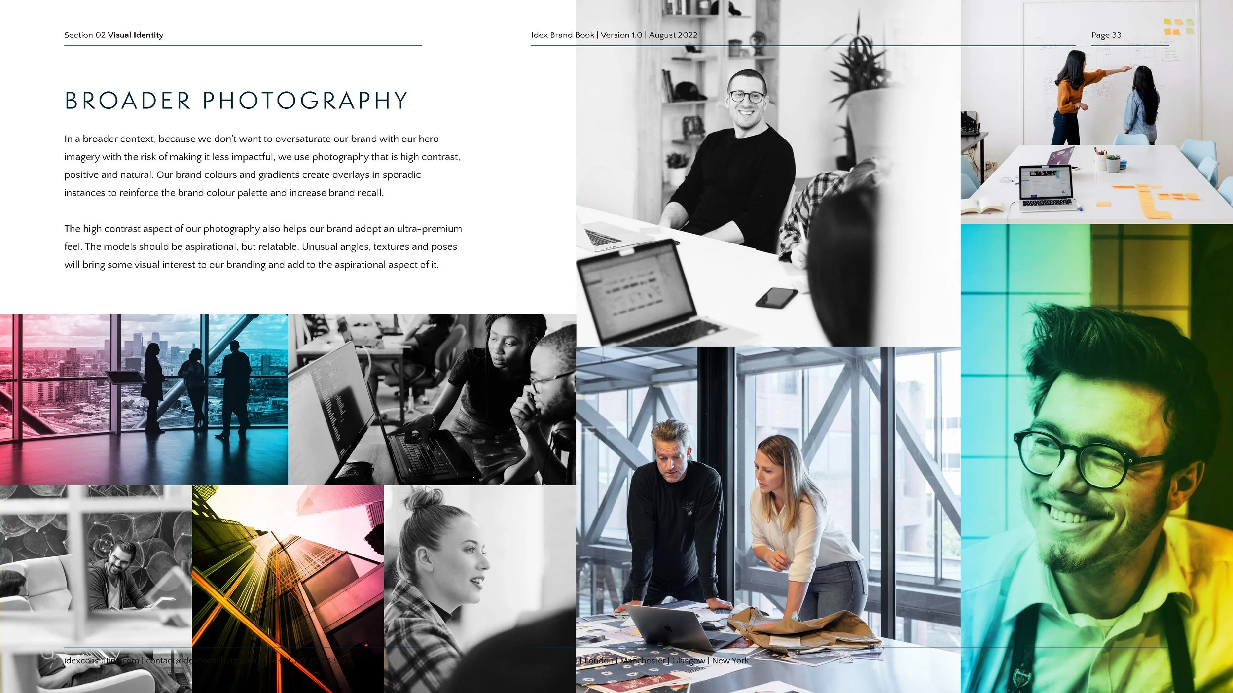 A collage of diverse professional people working in an office environment, including individuals talking, collaborating over a laptop, and engaging in discussions, with a section of text about visual identity and photography.