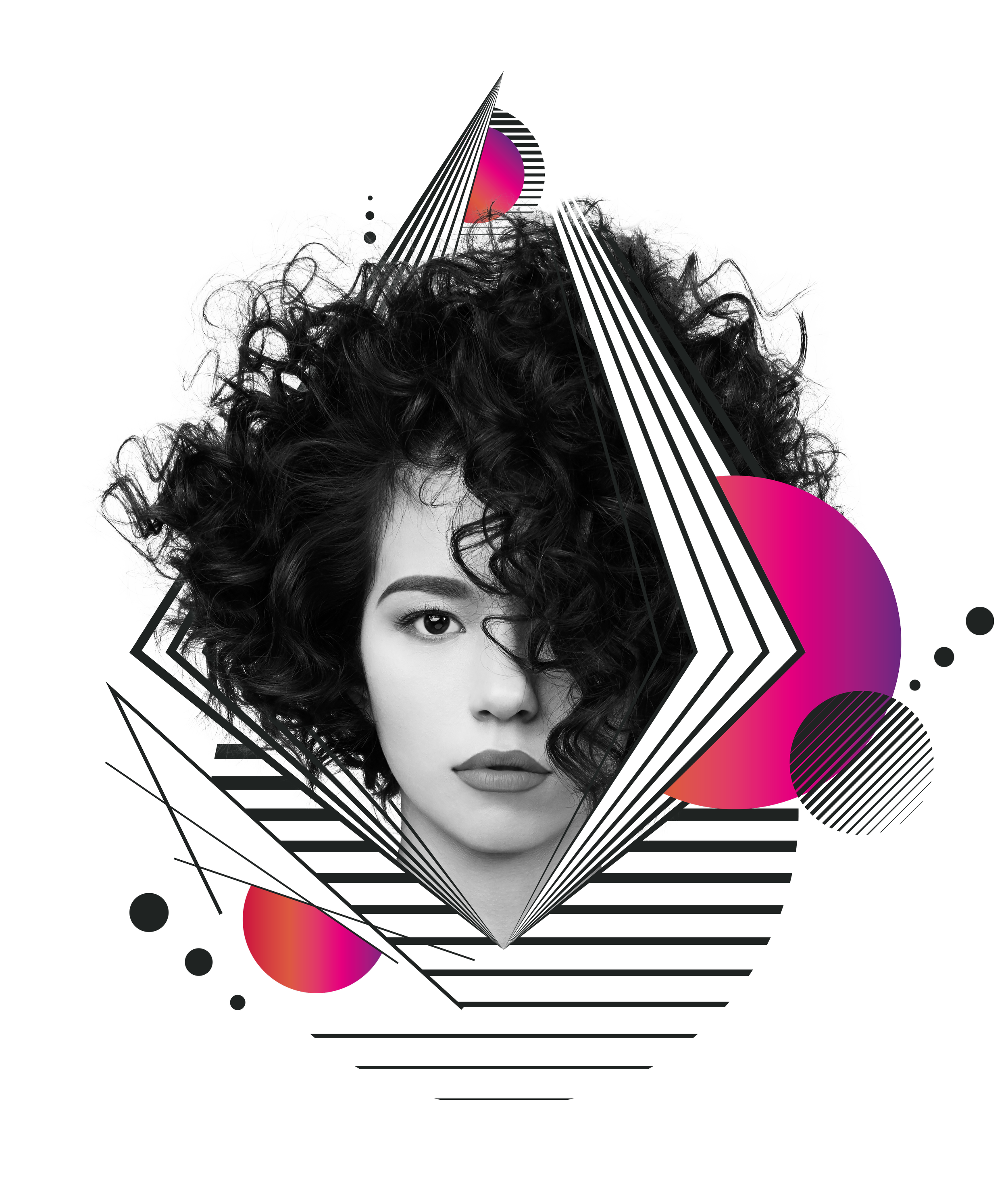 Black and white portrait of a woman with curly hair, set against abstract geometric and colorful design elements.