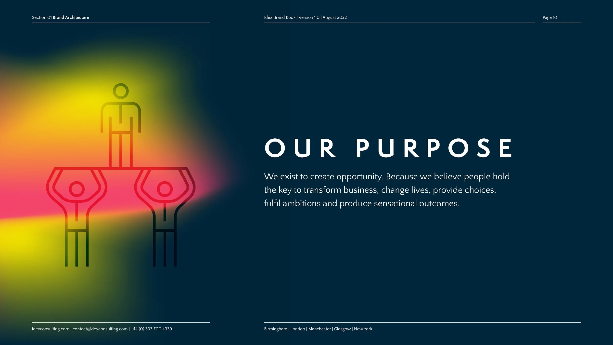 Page from a brand book titled 'Our Purpose' with a background illustration of two lightbulbs and a human figure standing on top, symbolizing ideas and leadership, with a dark blue background and multicolor glow effects.