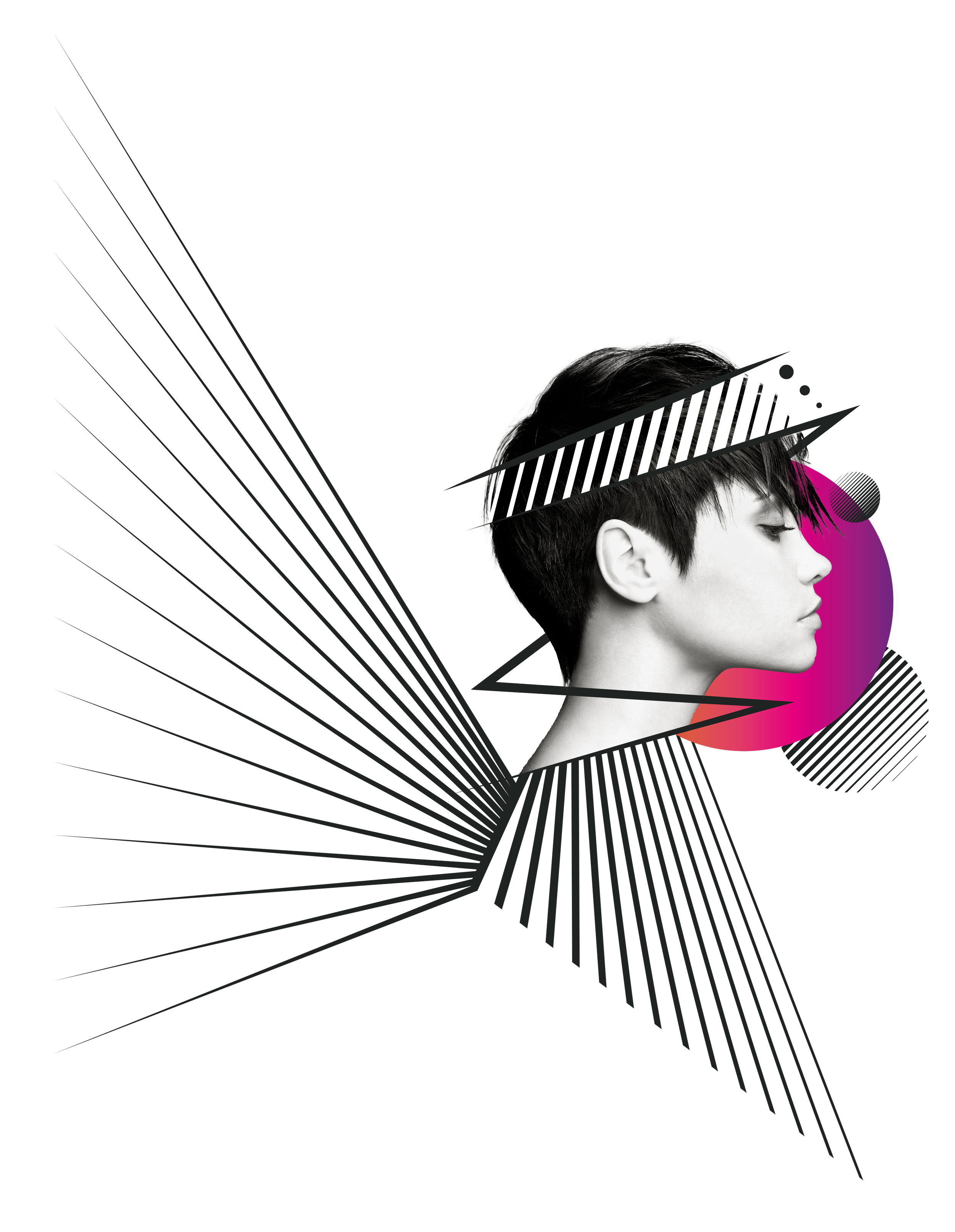 Black and white photo of a woman with short hair in a side profile, with digital and geometric design elements overlaying the image, including colorful accents of pink, red, and black.