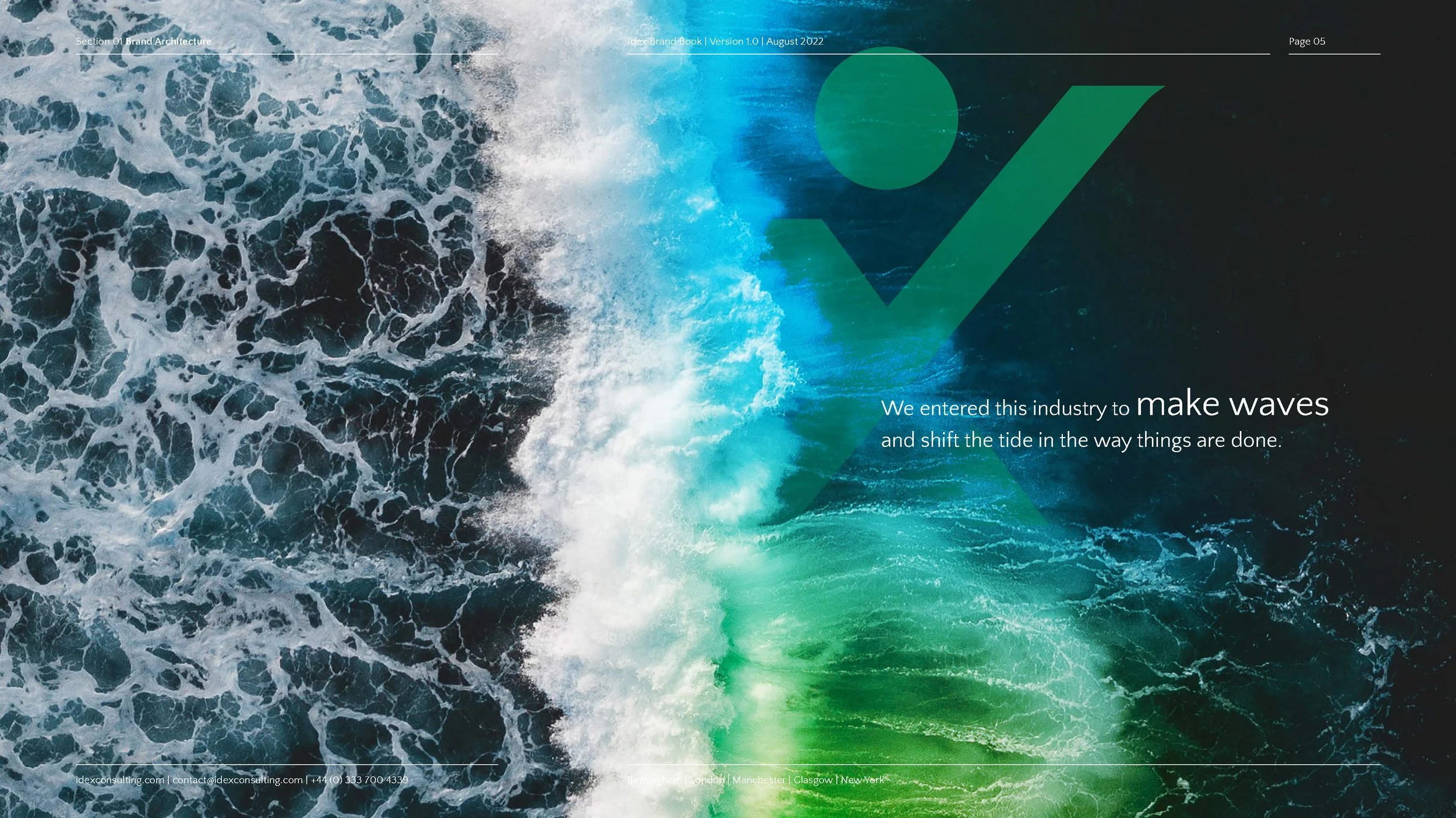 An aerial view of ocean waves with a large green check mark overlayed on the right side of the image. Text on the image reads: "We entered this industry to make waves and shift the tide in the way things are done." The top of the image includes brand