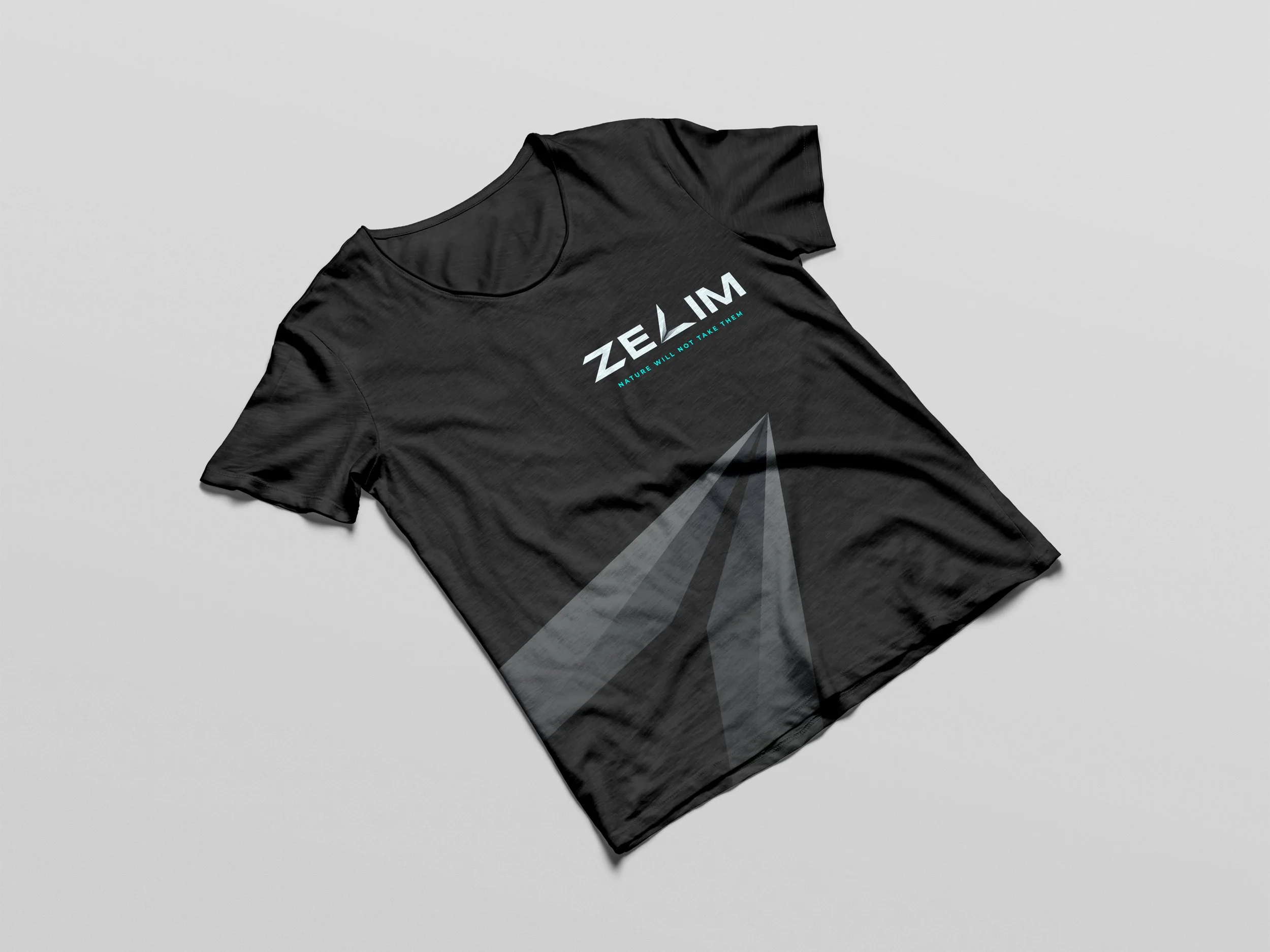 A black T-shirt with the word 'ZEAL' and the phrase 'NATURE WILL NOT TAKE THEM' printed in turquoise on the front, lying on a plain light grey surface.
