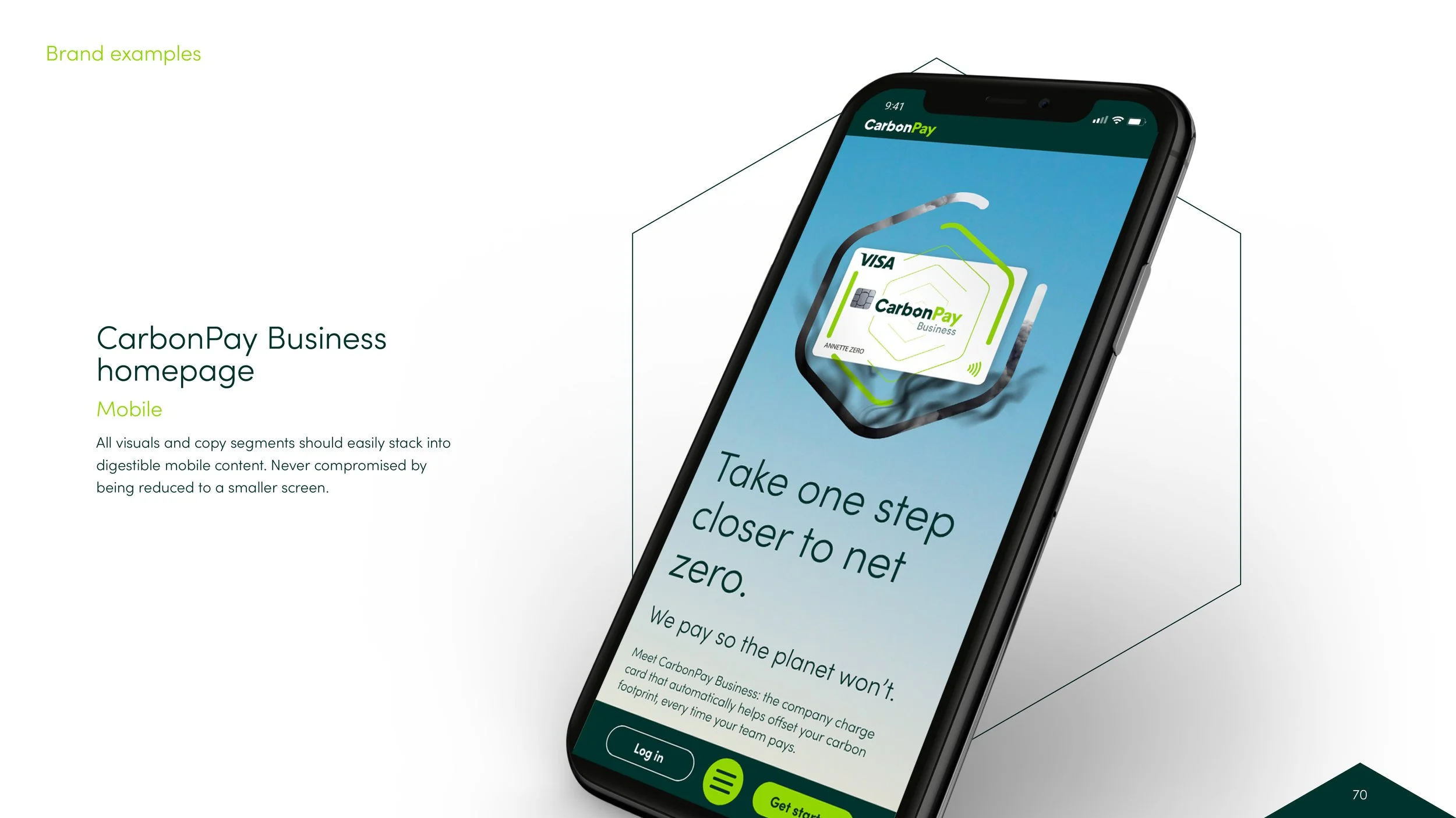 Smartphone displaying the CarbonPay Business homepage with a digital credit card graphic and text about taking steps to net zero, with green and dark teal color scheme.