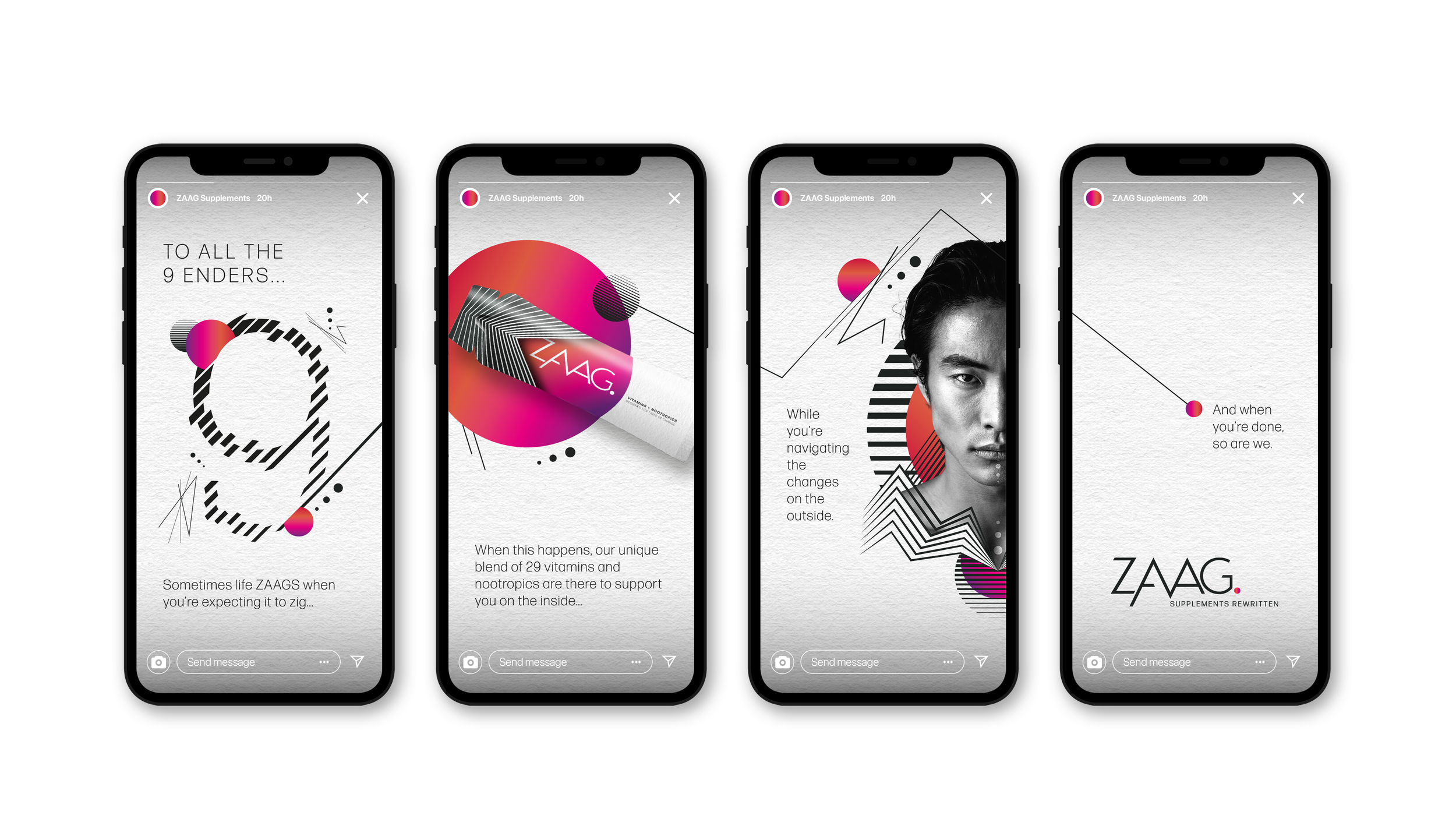 Series of four Instagram story screens from ZAAQ Supplements featuring modern, abstract graphic designs with vibrant colors, a black and white portrait of a woman, and motivational text about health and life.
