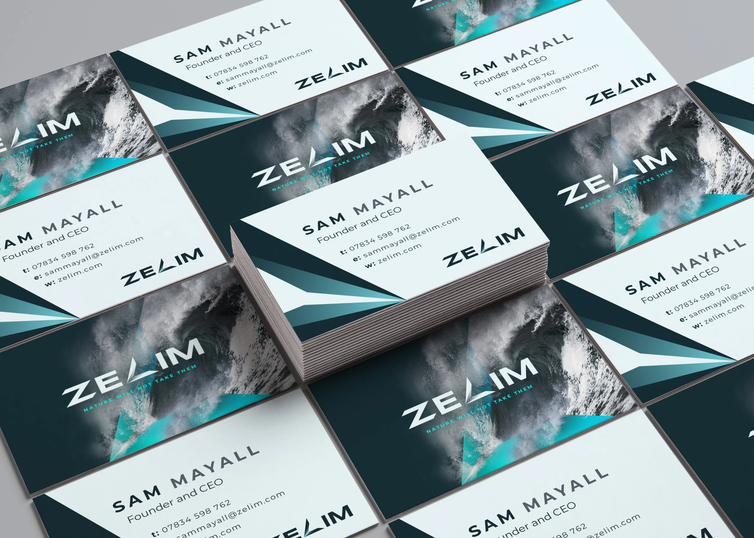 Business cards for Sam Mayall, Founder and CEO of Zelim, with a dynamic ocean wave and abstract blue, black, and white design elements, including contact details and the Zelim logo, emphasizing nature and strength.