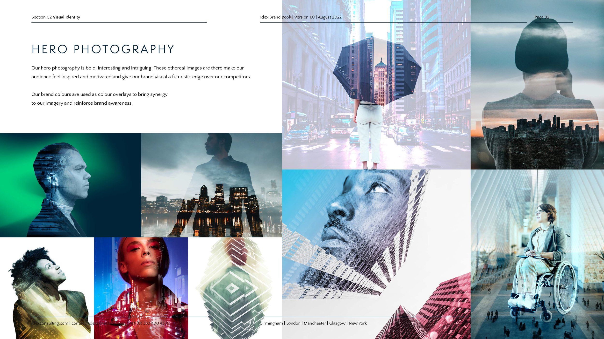 Collage of diverse urban and cityscape images featuring people in various settings, double exposures, and architectural elements. Prominent city scenes include a woman with an umbrella in a city street, a person on a bicycle, and city skylines at sun