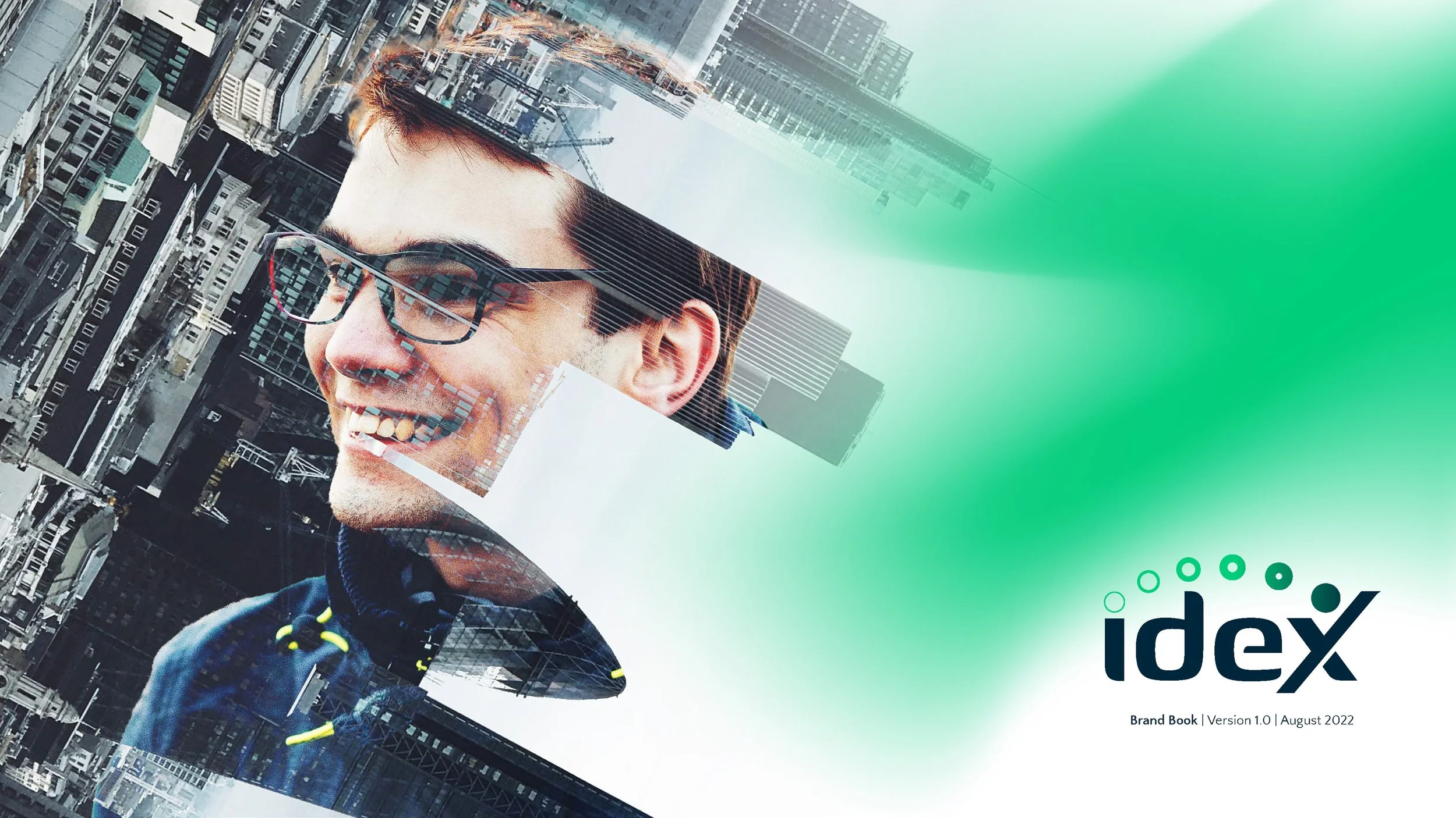 A digitally manipulated image of a smiling person wearing glasses, with a layered cityscape background and green gradient overlay, featuring the text 'idex' and 'Brand Book | Version 1.0 | August 2022'.