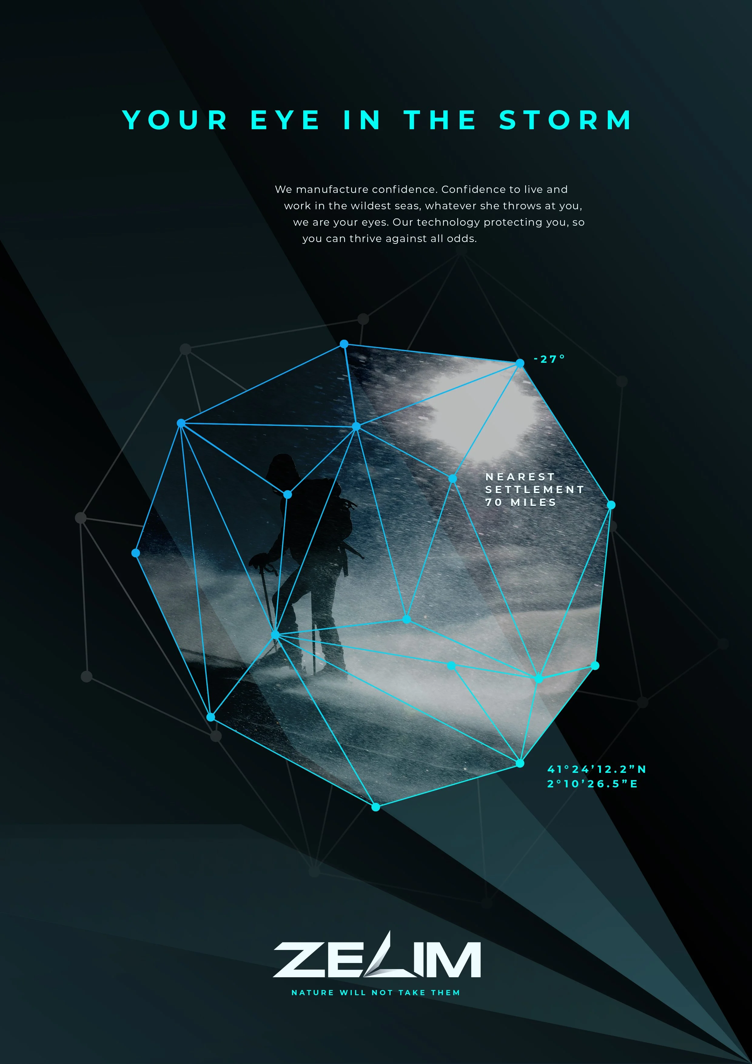 A promotional poster for Zealim featuring a dark background with a geometric pattern and a silhouette of a hiker walking into a starry night sky reflected in water. The poster includes the phrase 'Your Eye in the Storm' and details about the company's confidence and technology protection, with geographic coordinates at the bottom.