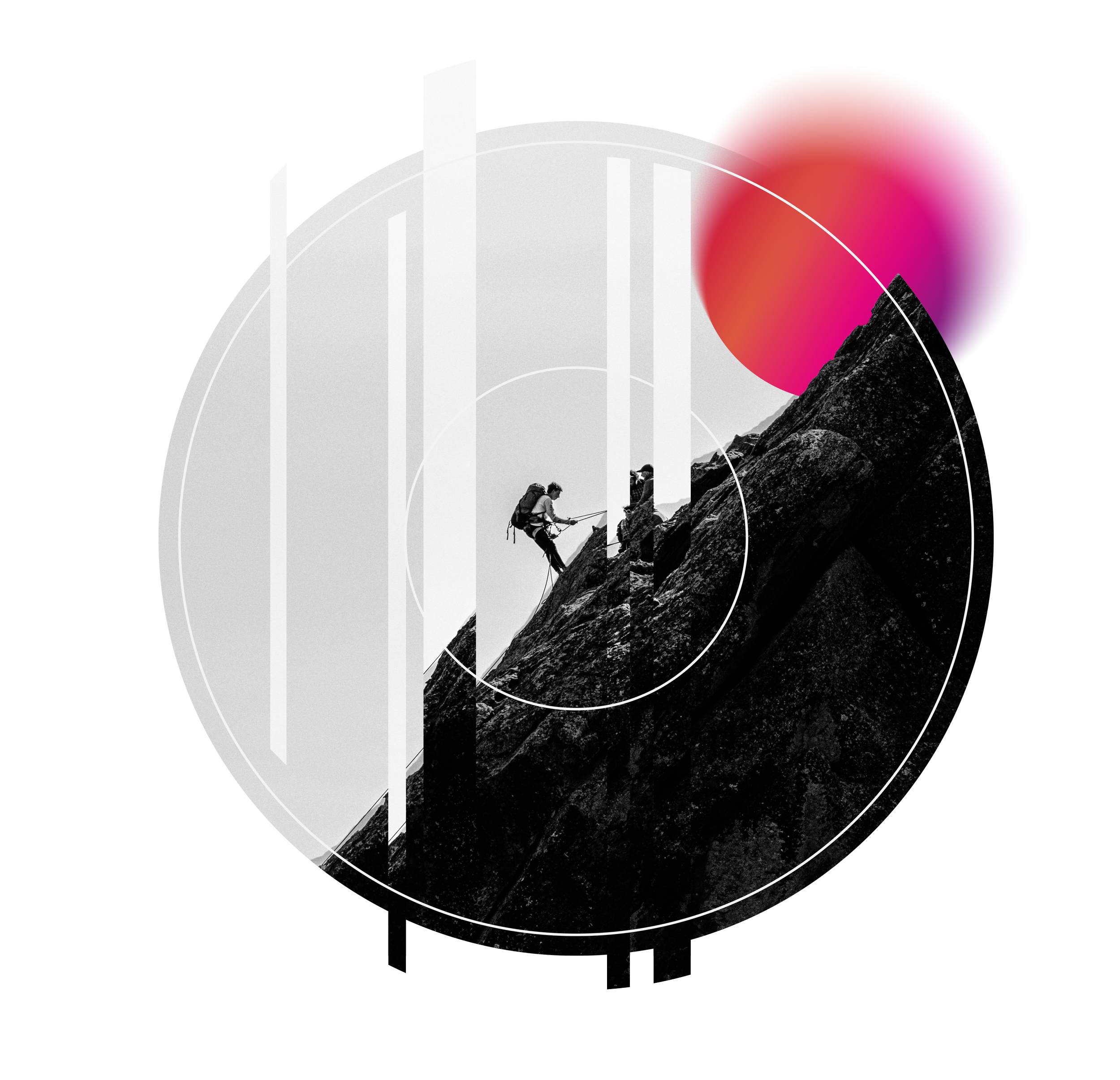 People hiking on a mountain trail with a mountain peak in the background, depicted in a stylized graphic design with abstract circular and gradient elements.