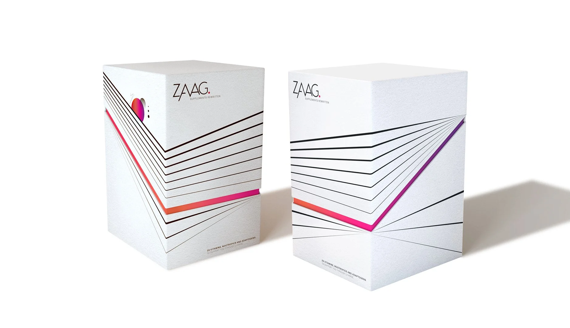 Two white boxes with the word 'ZAAG' and black, pink, and purple line designs on a white background.