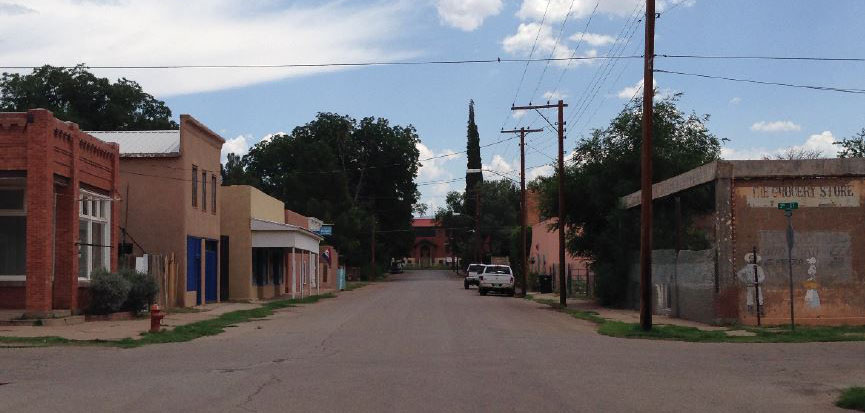 The east end of Granado Street facing the historic Red Brick Schoolhouse. 