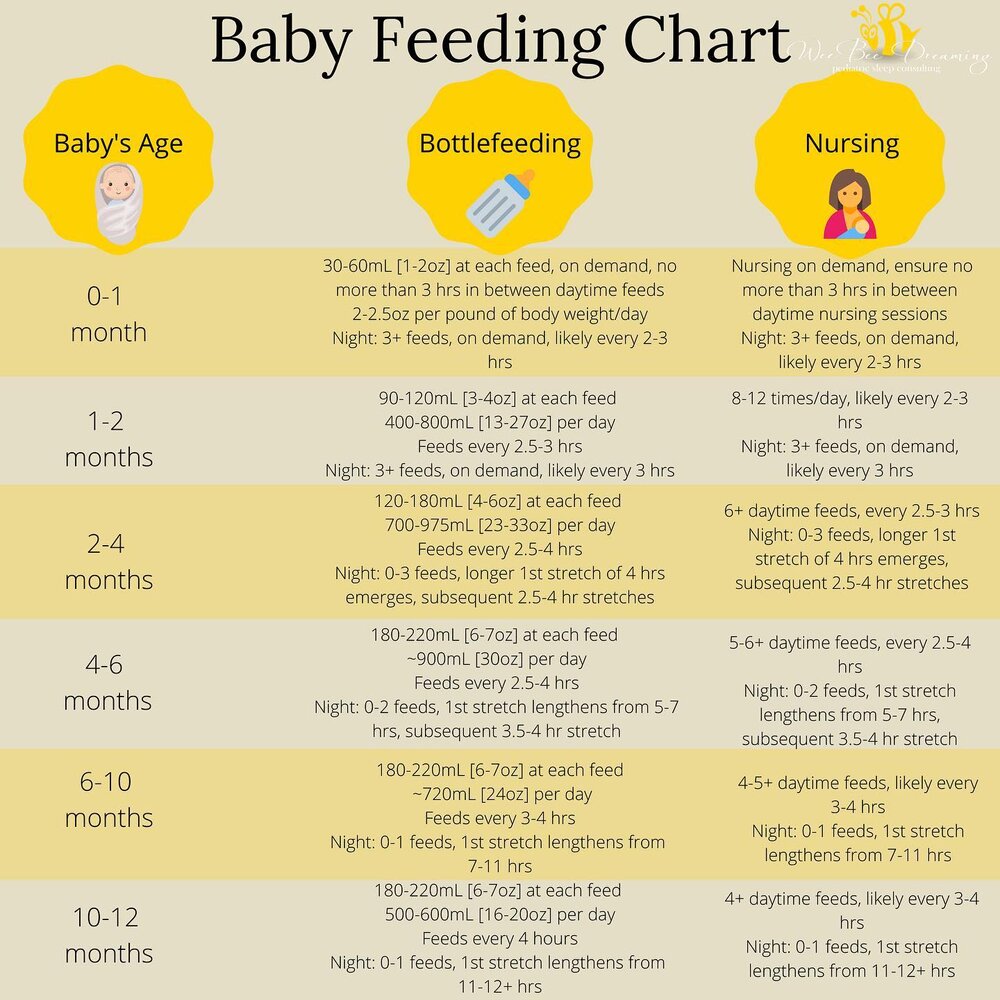 🍼Baby Feeding Chart!⁣ 🤱🏼 
⁣
I asked my SIL what a helpful chart would have been as a first-time parent, and she gave me this recommendation since the amount/frequency of feeds was something she felt unsure about!⁣
⁣
➰Now of course, this is just a 