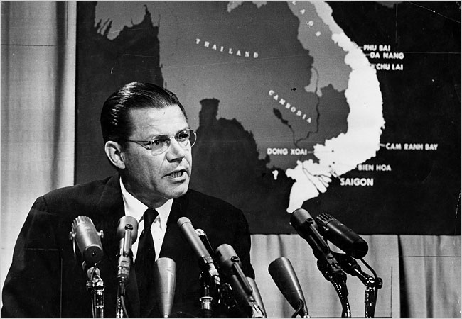 Secretary of Defense Robert McNamara at a news conference at the Pentagon in 1965. SOURCE: NY Times