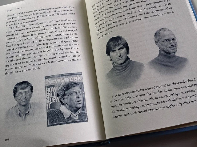 ABOVE: Pages from Peter Thiel's book on start-ups and changing the world. Illustrations by Matt Buck.