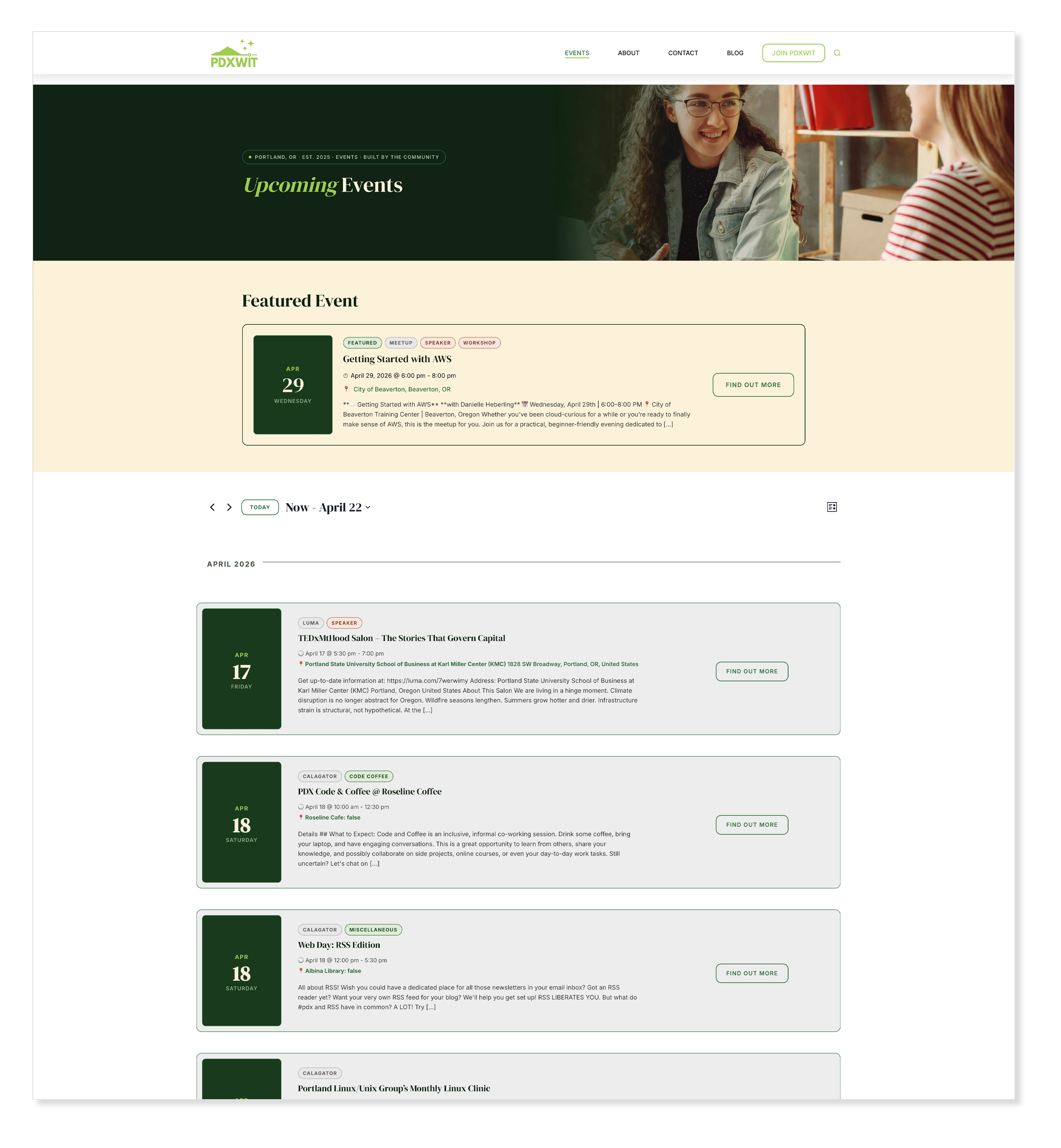 Events listing page