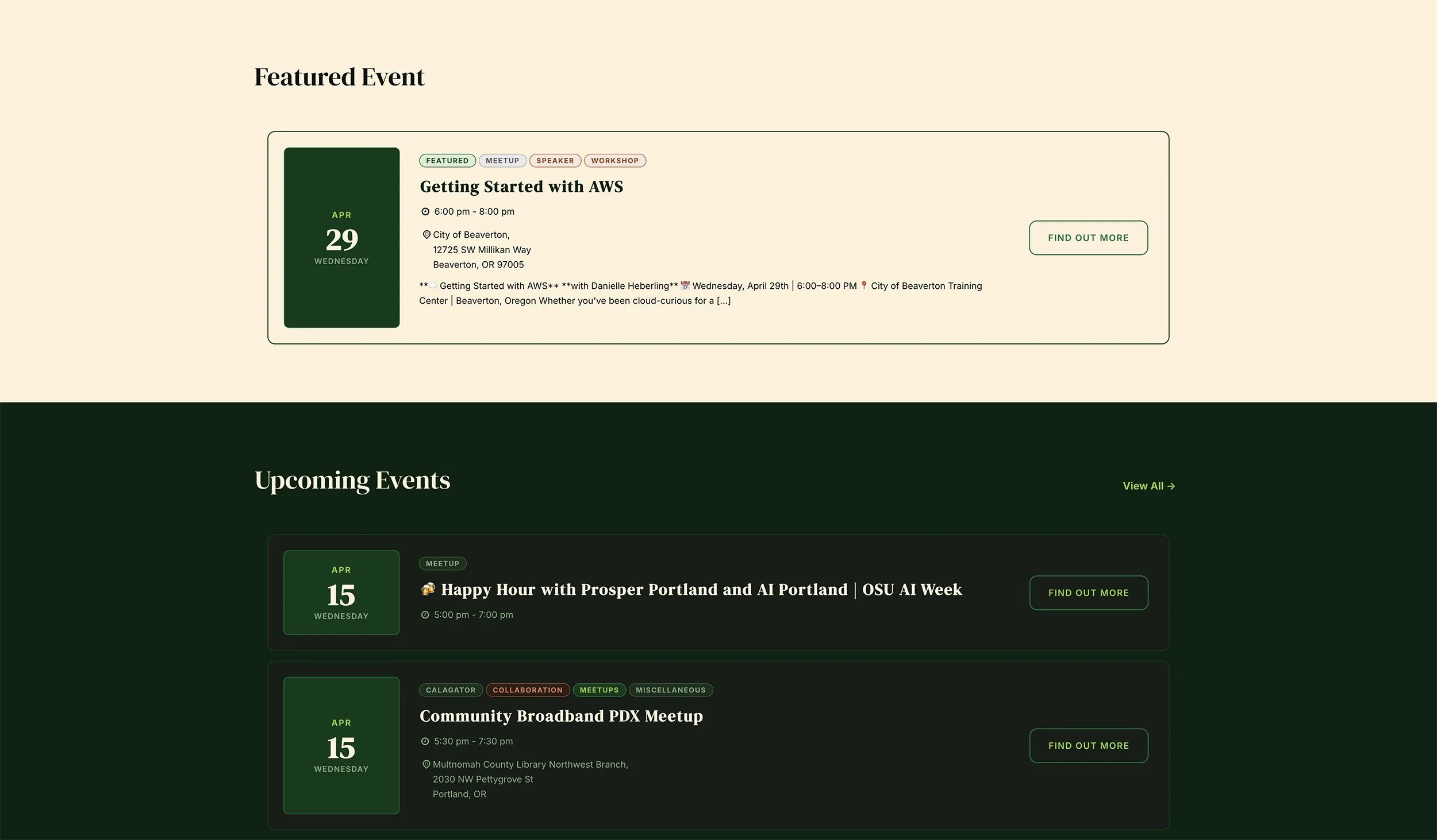Homepage event view component