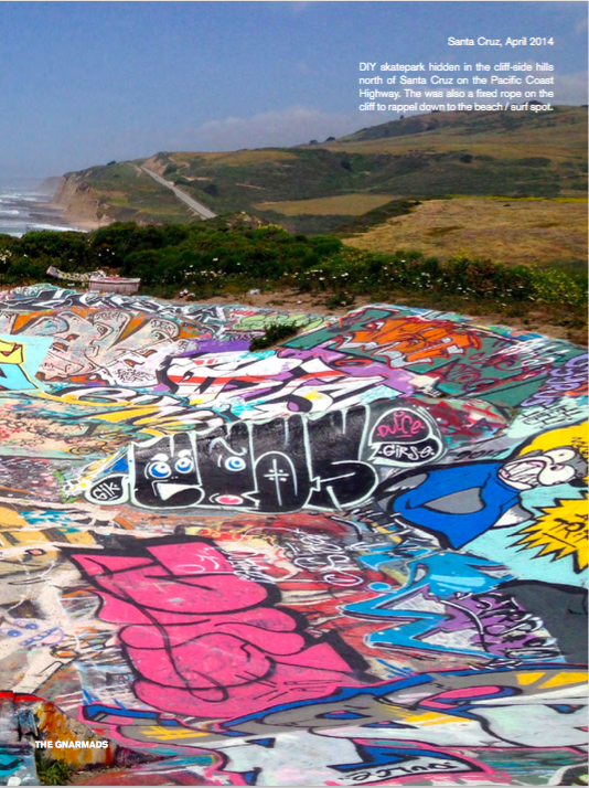 Santa Cruz, April 2014DIY skatepark hidden in the cliff-side hills north of Santa Cruz on the Pacific Coast Highway. The was also a fixed rope on the cliff to rappel down to the beach / surf spot.&nbsp;