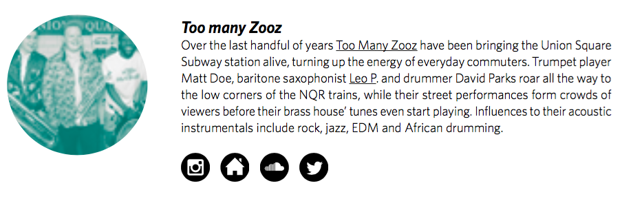 Too many ZoozOver the last handful of years Too Many Zooz have been bringing the Union Square Subway station alive, turning up the energy of everyday commuters. Trumpet player Matt Doe, baritone saxophonist Leo P. and drummer David Parks roar all th…