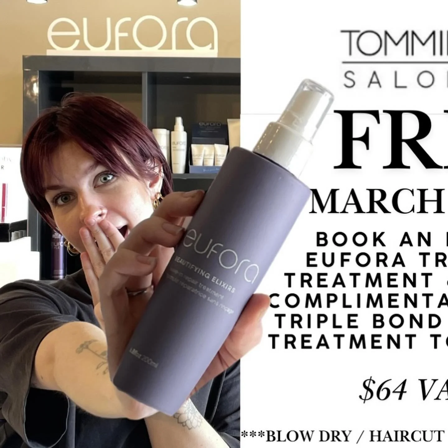 Purchase an in-salon Triple Bond Treatment and receive a FREE full-size product from Eufora, your choice of:

✨ Triple Bond Repair
✨ Treatment Mask

Healthy hair in the chair + professional repair at home? Say less.

Available only during March.
Whil