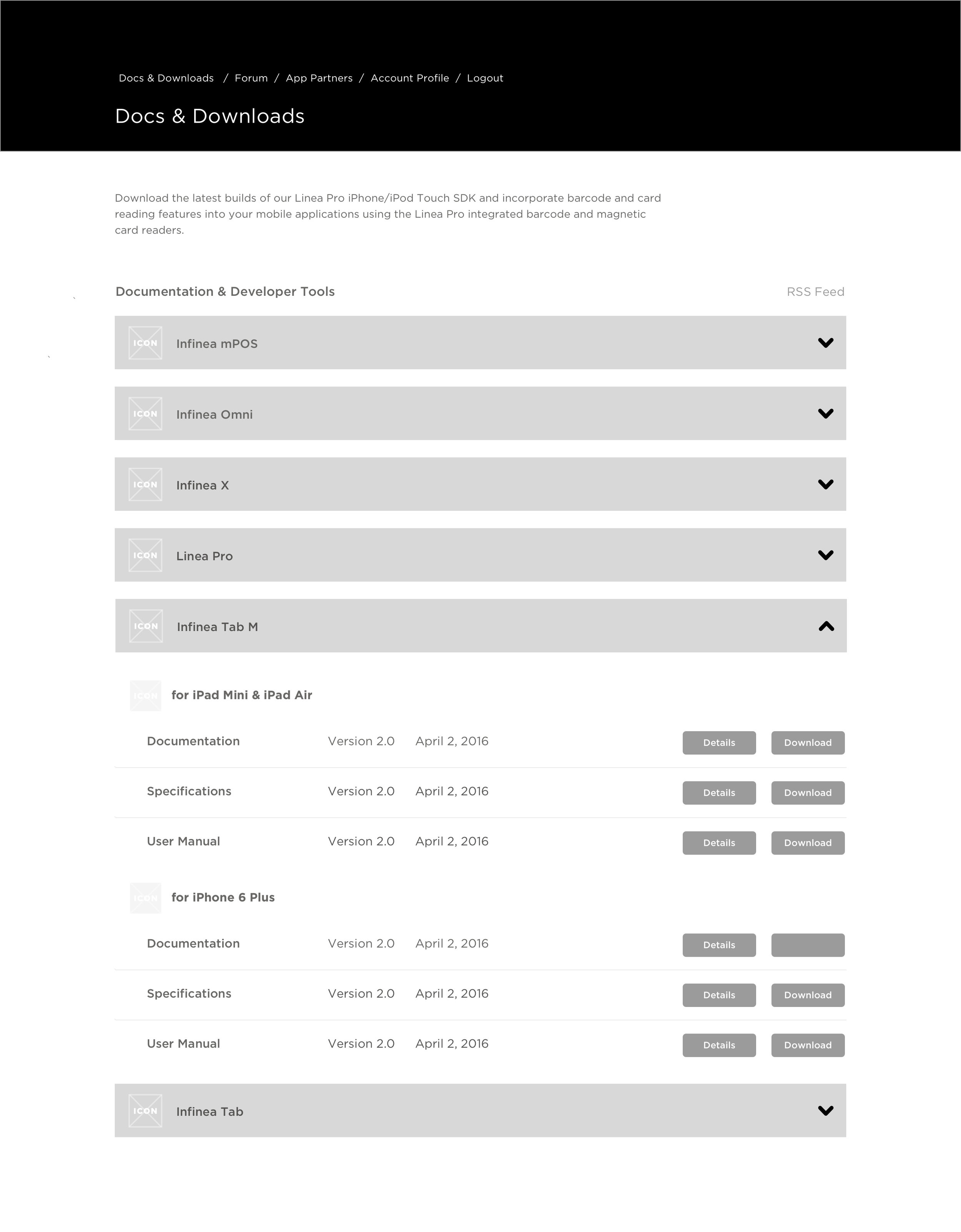 Developer Portal's Wireframe of Docs and Downloads