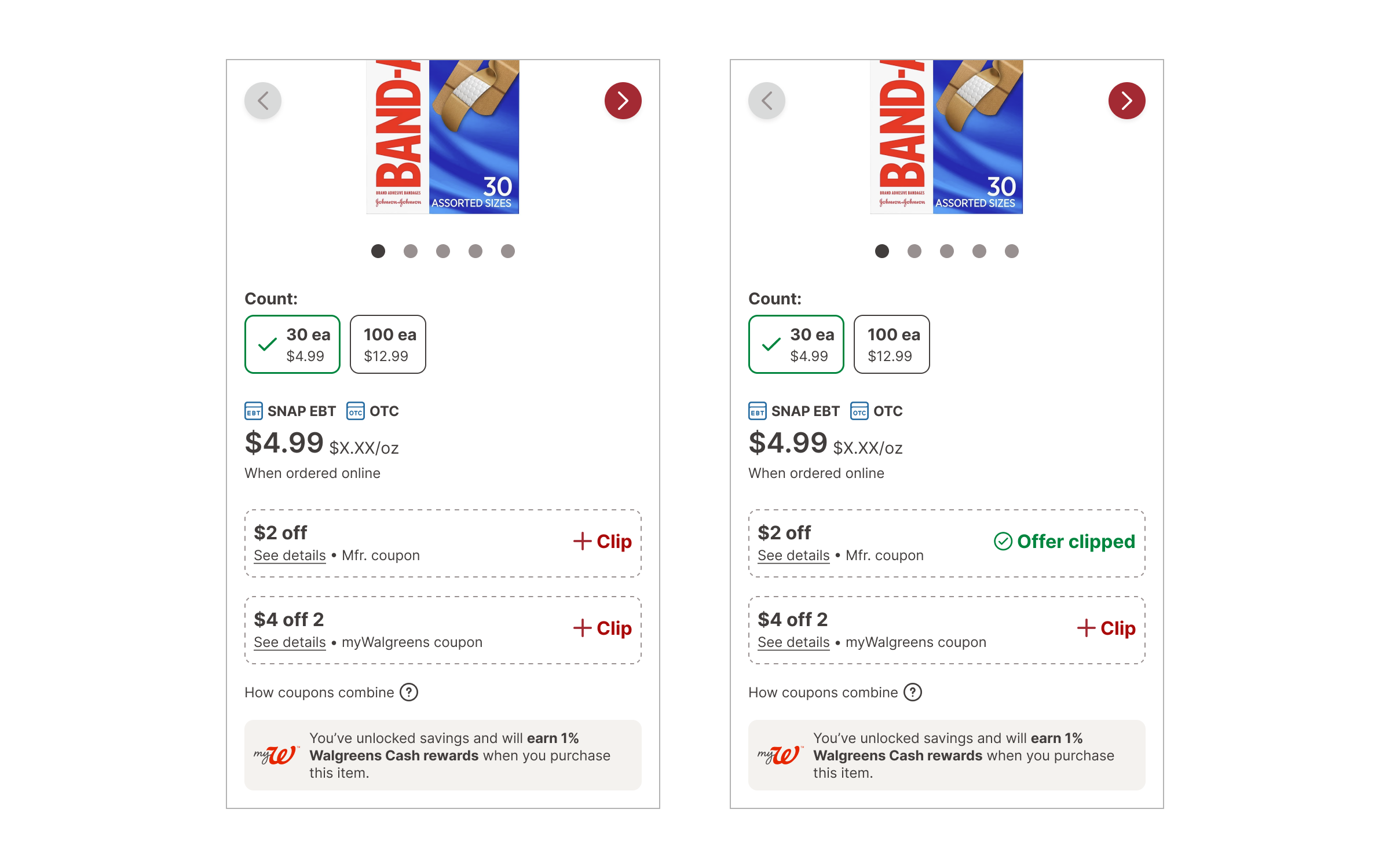   A new North Star pattern  I partnered with our principal UX researcher to design a new north star design for our coupons. Throughout the experience, my copywriter partner and I consulted with our principal researcher to fix this foundational pain p