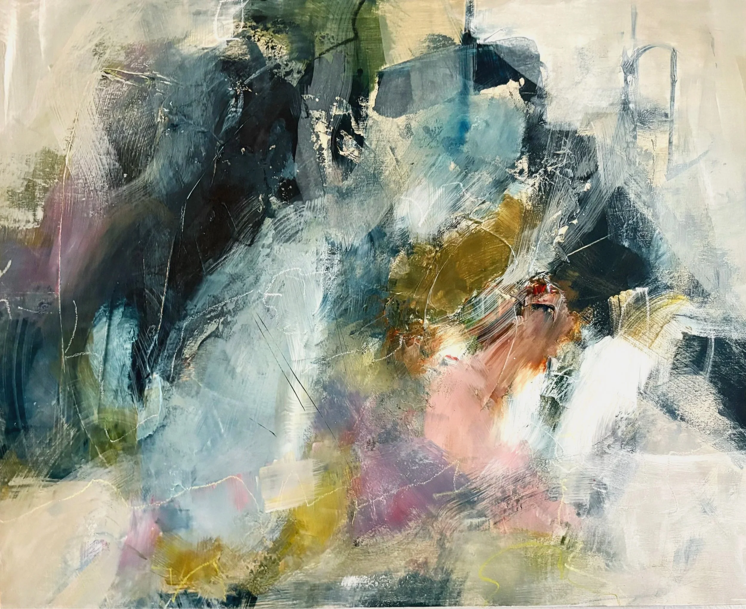Abstract colorful painting with shades of green, blue, white, black, pink, and yellow with textured brushstrokes.