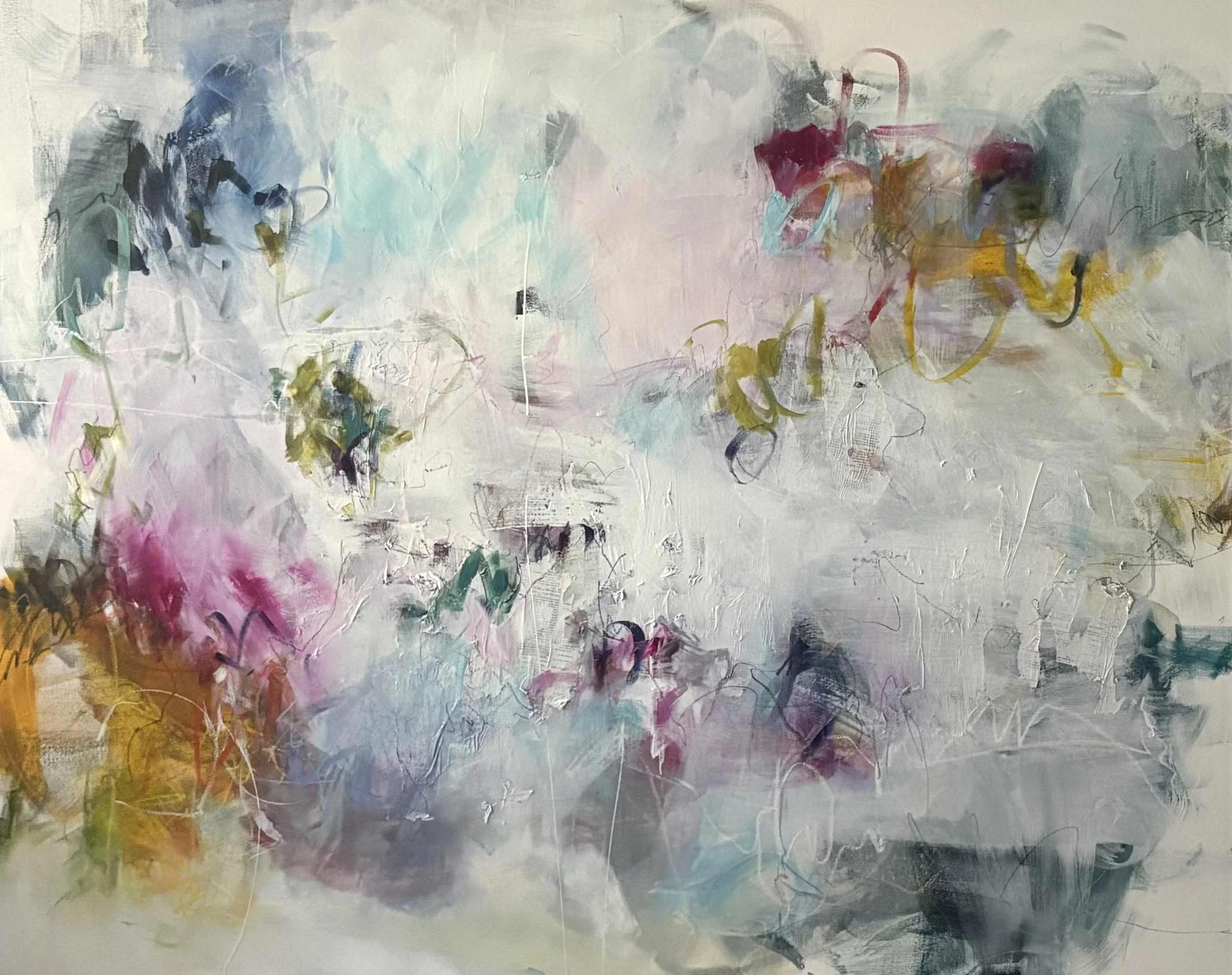 Abstract painting with soft pastel shades of blue, pink, yellow, gray, and white, featuring layered brushstrokes and scribbles.