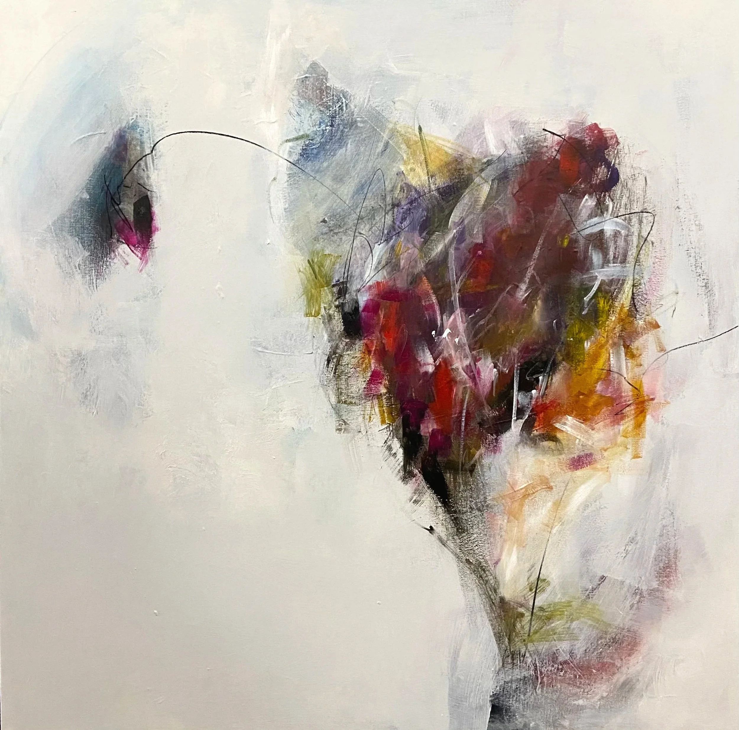 Abstract painting with a predominantly white background, featuring brushstrokes in dark gray, red, yellow, purple, black, and pink, with expressive lines and textures.