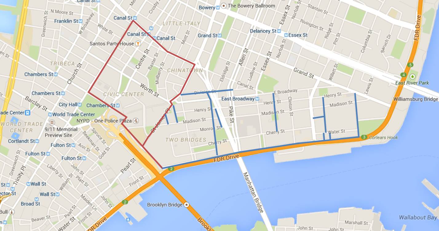 Today's walk (Chinatown and Civic Center portion in red, LES cleanup in blue)