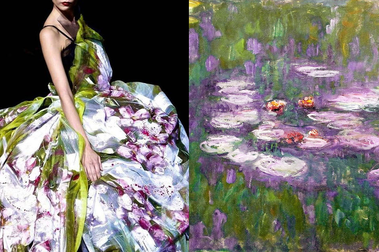 Dolce & Gabbana Spring 2008; Water Lilies (series, detail), painting by Claude Monet.
