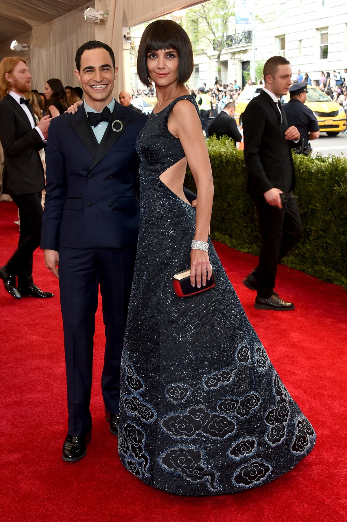 KATIE HOLMES in ZAC POSEN with CHOPARD jewelry, with ZAC POSEN himself 