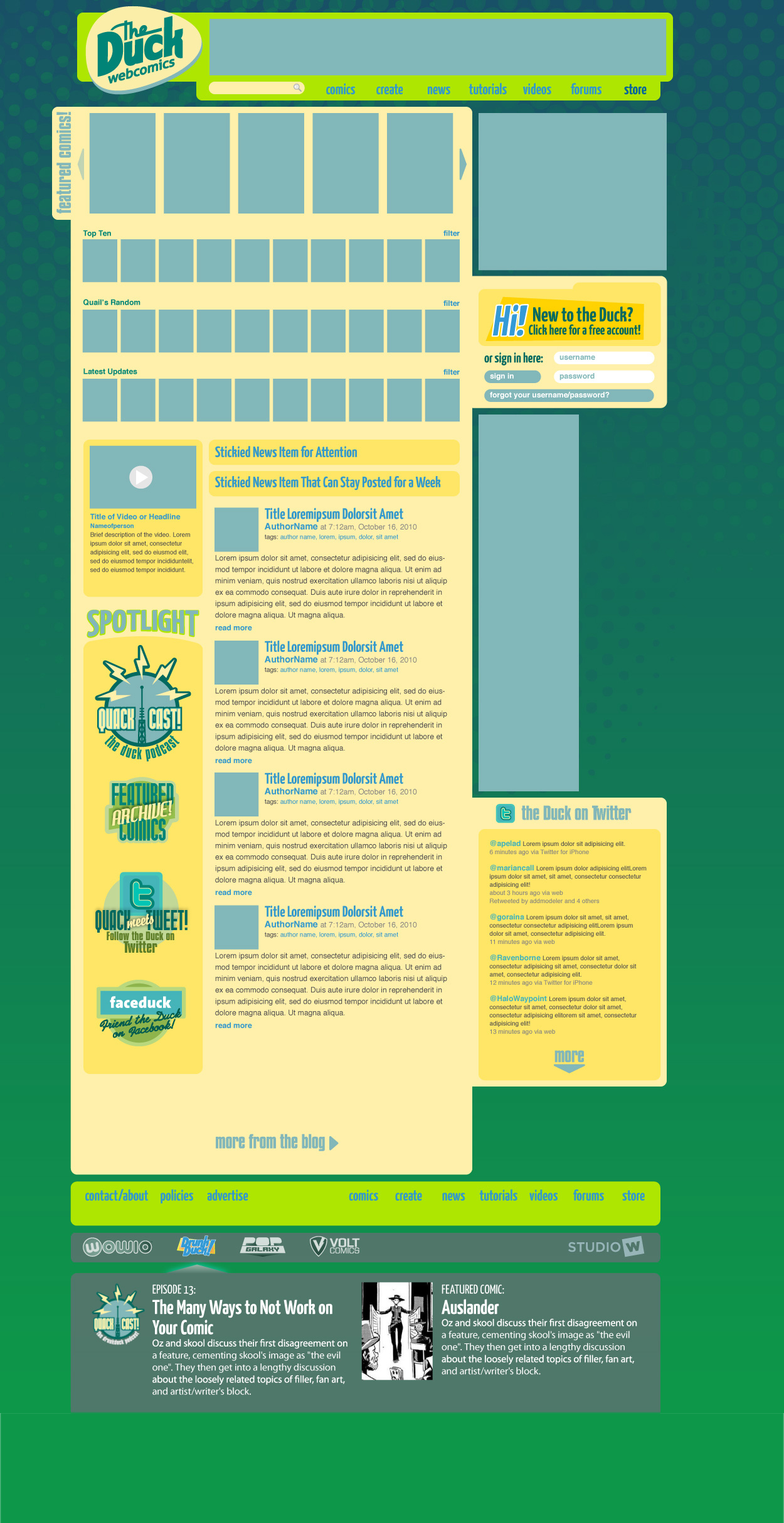 The Front Page, with login module, Twitter feed, a Featured Comic slider, Top Comics, a site blog, and nav to the major sections.