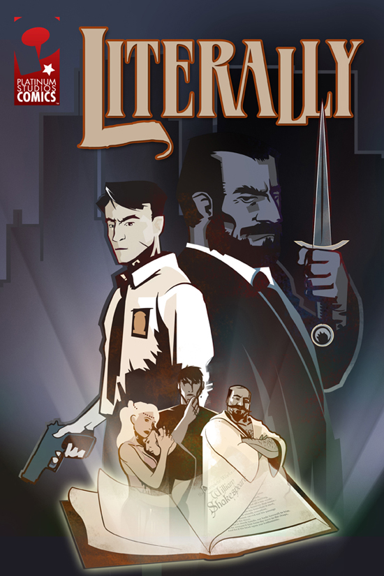 Key art and logo design for a comic about Shakespearean characters come to life and committing crimes in the noir style.