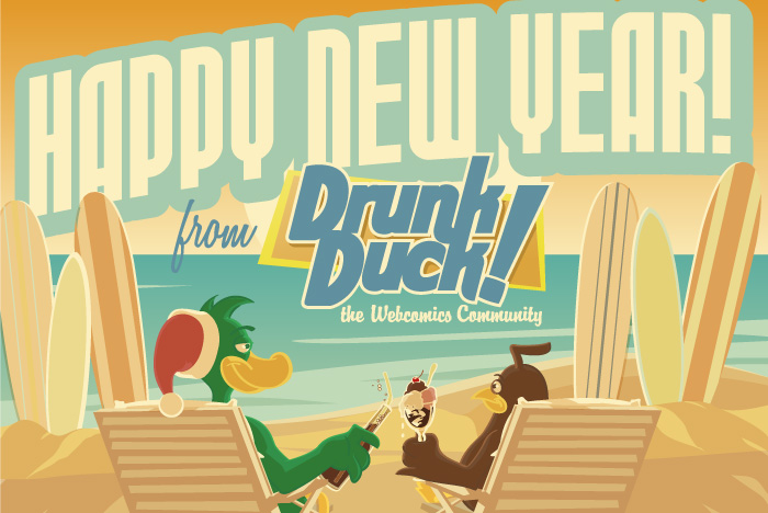 Vector illustration for the DrunkDuck.com holiday card, featuring the cartoon mascots reclining in traditional Southern California wintery style.