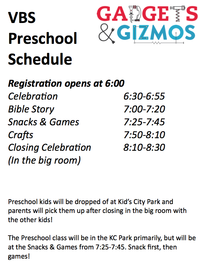 VBS Preschool Schedule.