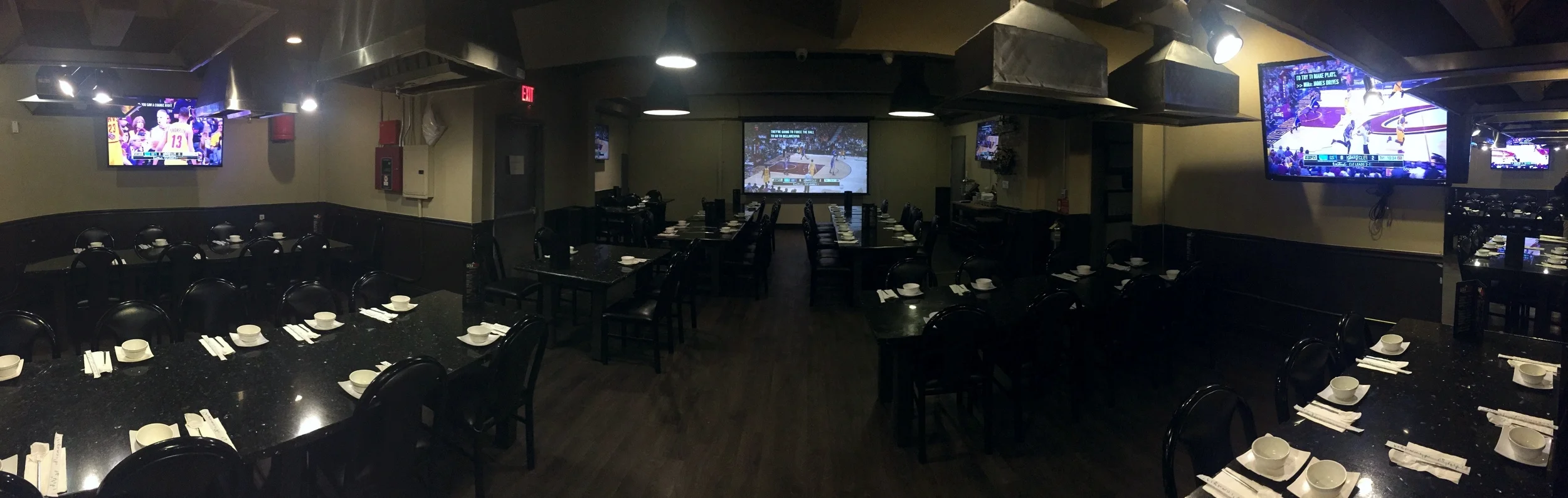 Our side dining hall is the perfect place to catch the game! Multiple viewing angles with a center 100 inch projector screen.