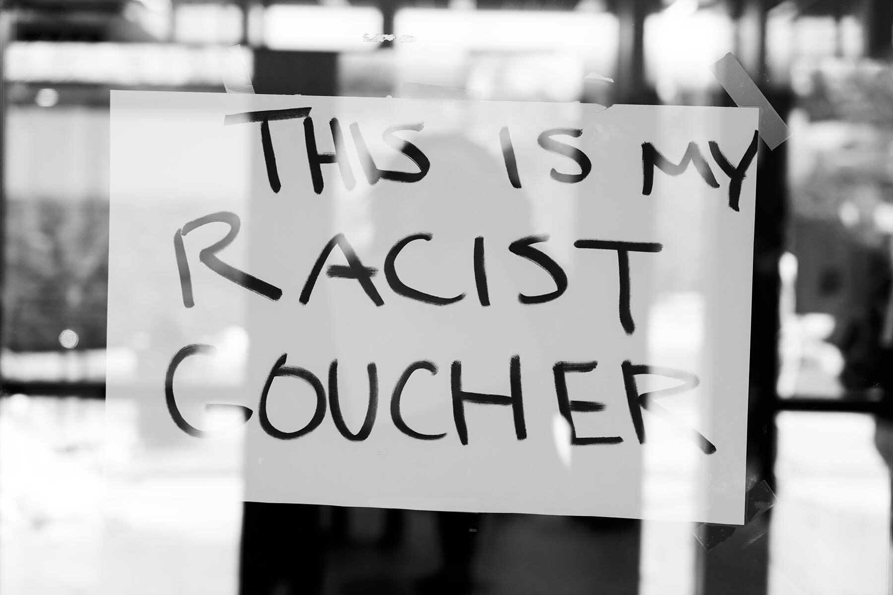 Sign on the front of the dining hall during student Blackout protest after hate crimes on campus. Nov 2018.