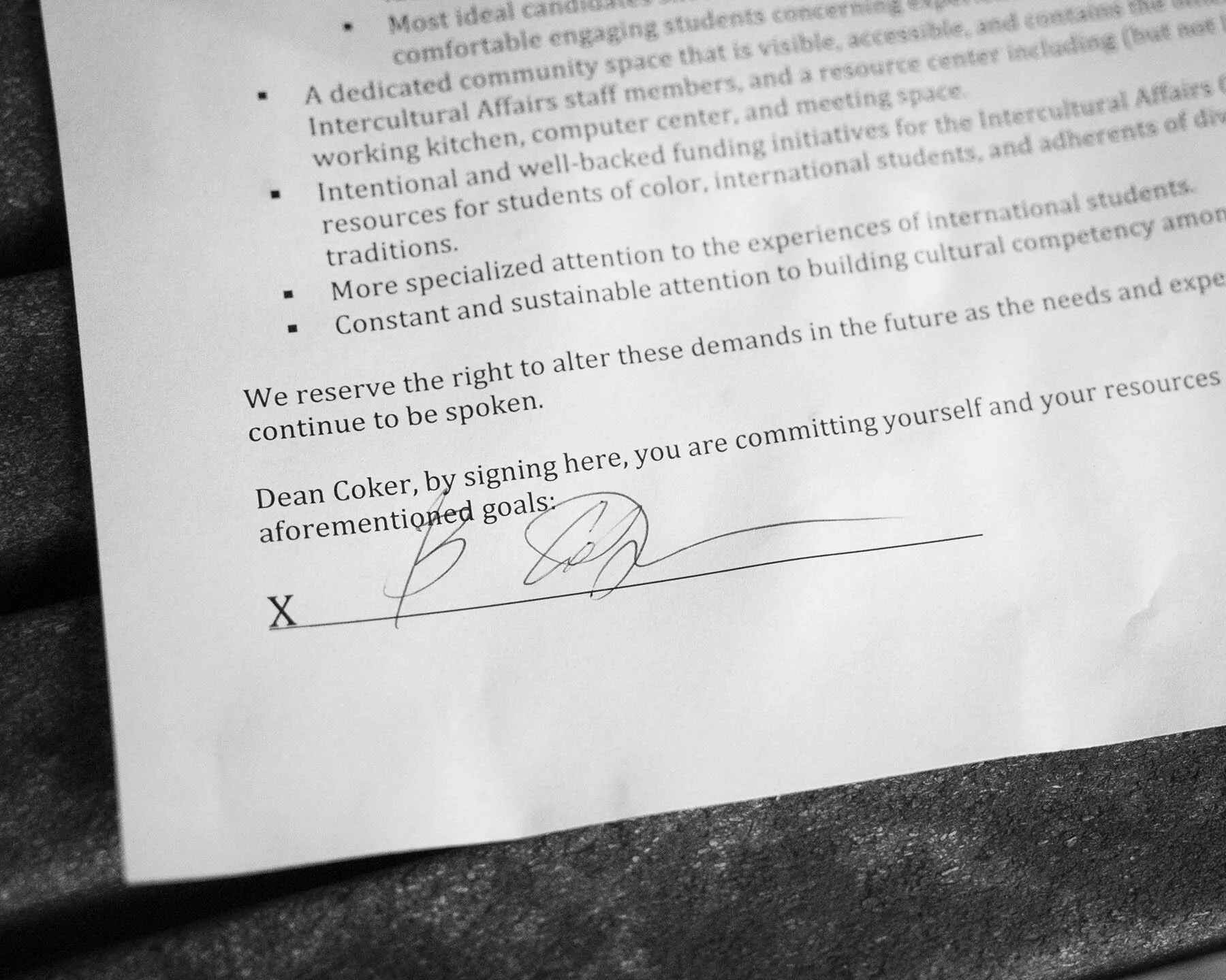 Dean of Students Bryan Coker signed a petition for each student present in the die-in protest. Dec 2014.