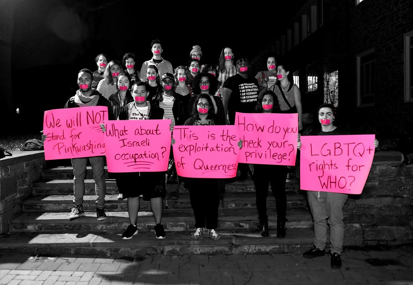 LGBTQIA Students and allies protest the appearance of an Israeli state-sponsor speaker accused of pinkwashing. Nov 2016.