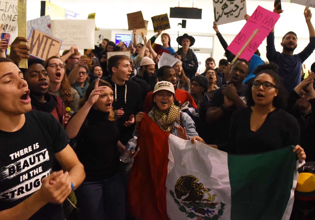 Goucher students participate in protests against the muslim ban at BWI airport terminal. Jan 2017.